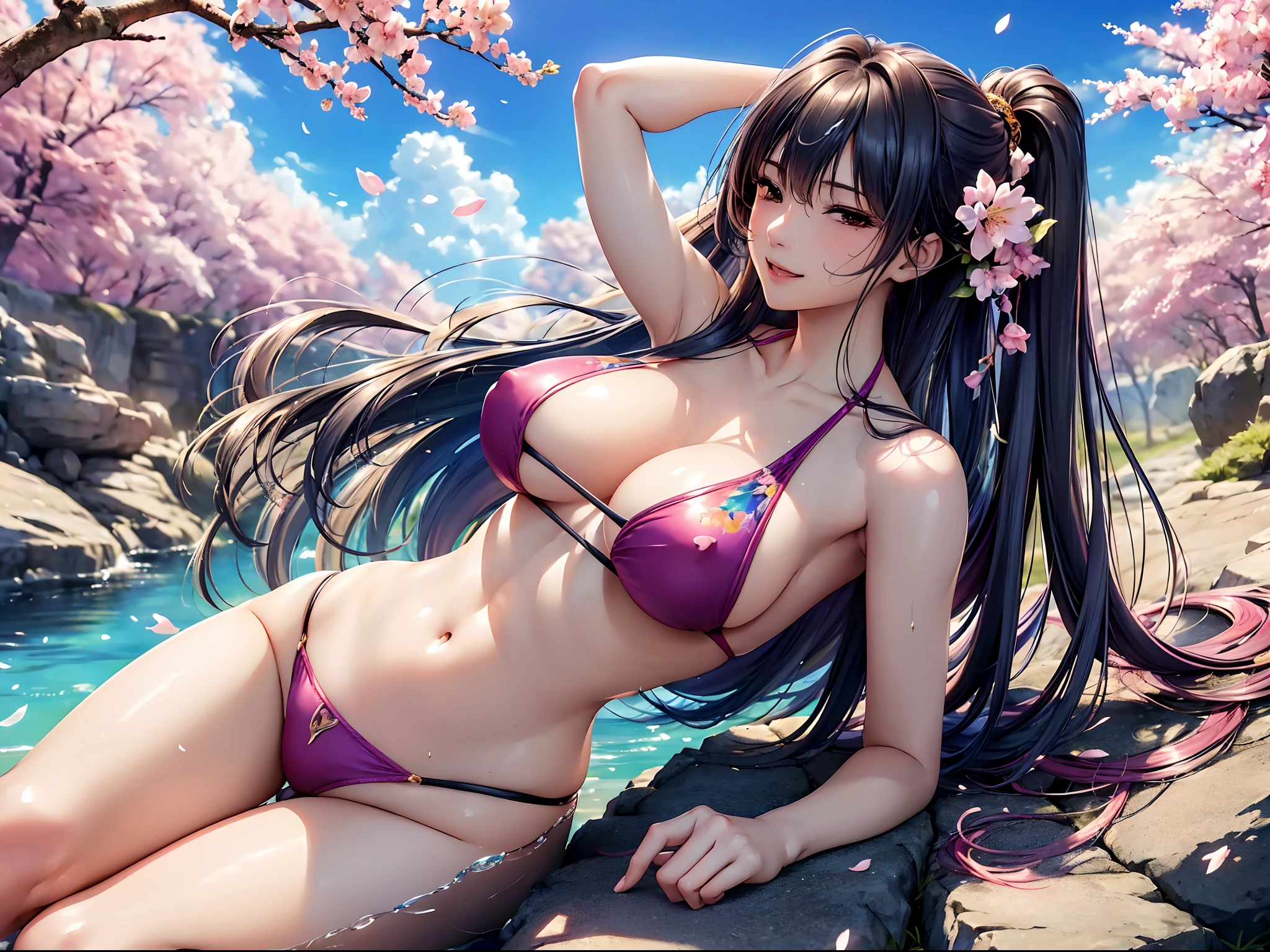 (top-quality、​masterpiece、very high res、An ultra-high picture quality、2.5th dimension 1.5)、Perfect and ultimate beauty(18 years old 1.5)、Realistic portraits、Beautiful breasts with a slender body shape(F Cup 1.5)、Beautiful body、beautiful countenance、Colorful hair color、Variety of hairstyles、Beautiful hair、Realistic textured skin and、Wearing a bikini swimsuit、Bikinis come with colors and patterns、Bright smile、Hair flutters under the influence of the wind、Open-air bath with beautiful cherry blossoms、Mysterious hot springs、Beautiful Landscapes、(accurate detail、the detailed images、Accurate images、Perfect Image 1.5)