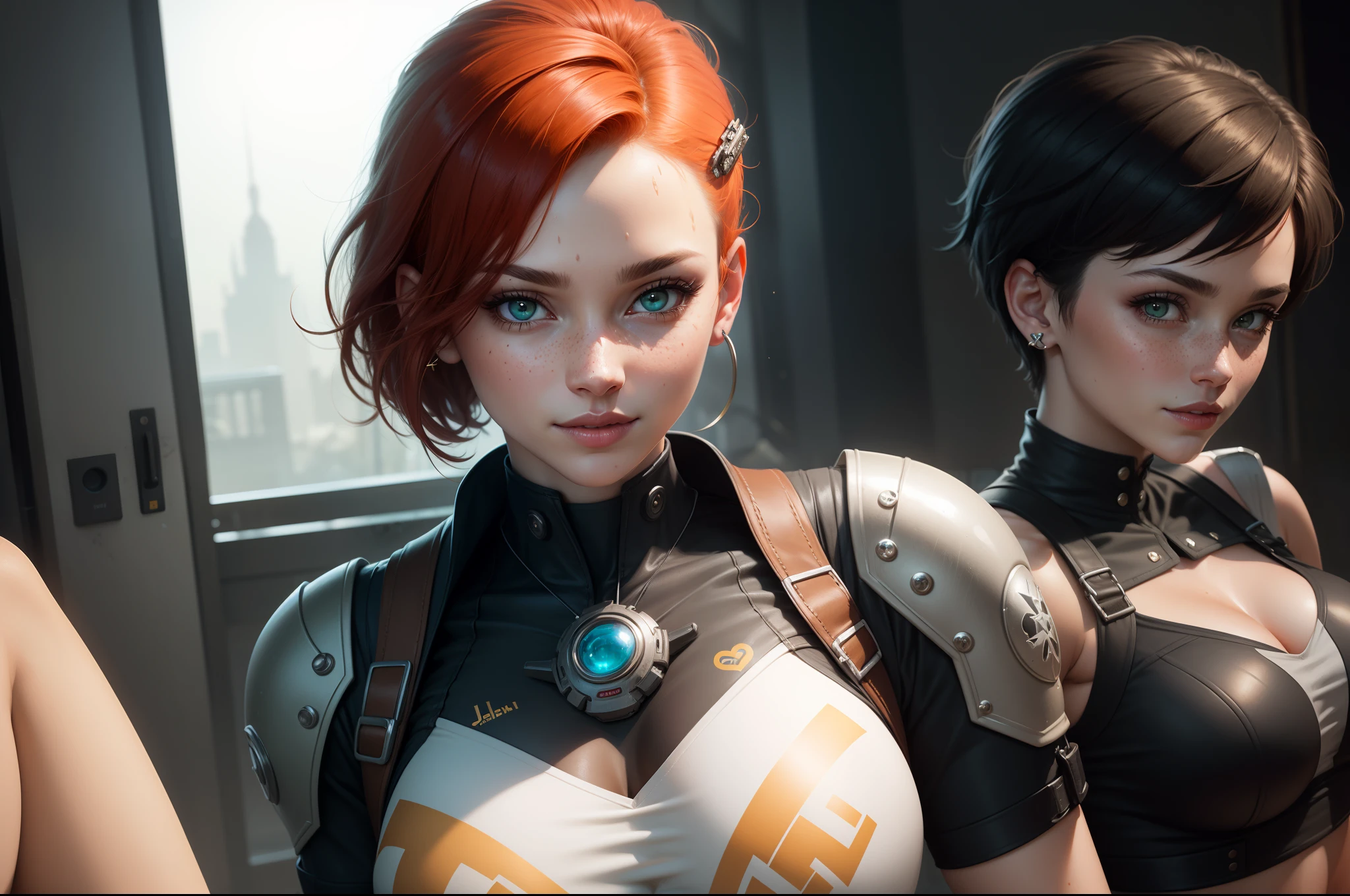 gwen tennyson,tracer,jill valentine, rebecca chambers,overwatch,resident evil,close up,mecha pilot,body paint, haunted mansion,tattoos,blue and gray plugsuit,white short sleeve silk top,steel cargo pants,uncovered belly, short hair,cute makeup,green eyes, red and gold hair,shy smile,freckles, redhead,beautiful girl,large breasts, ultra detailed,realistic,fantasy art, military uniform,steel armor,monster lab,moonlight,police uniform,pilot jacket,ear piercings,hair pin,wet body, portrait close up,solo girl,single person,