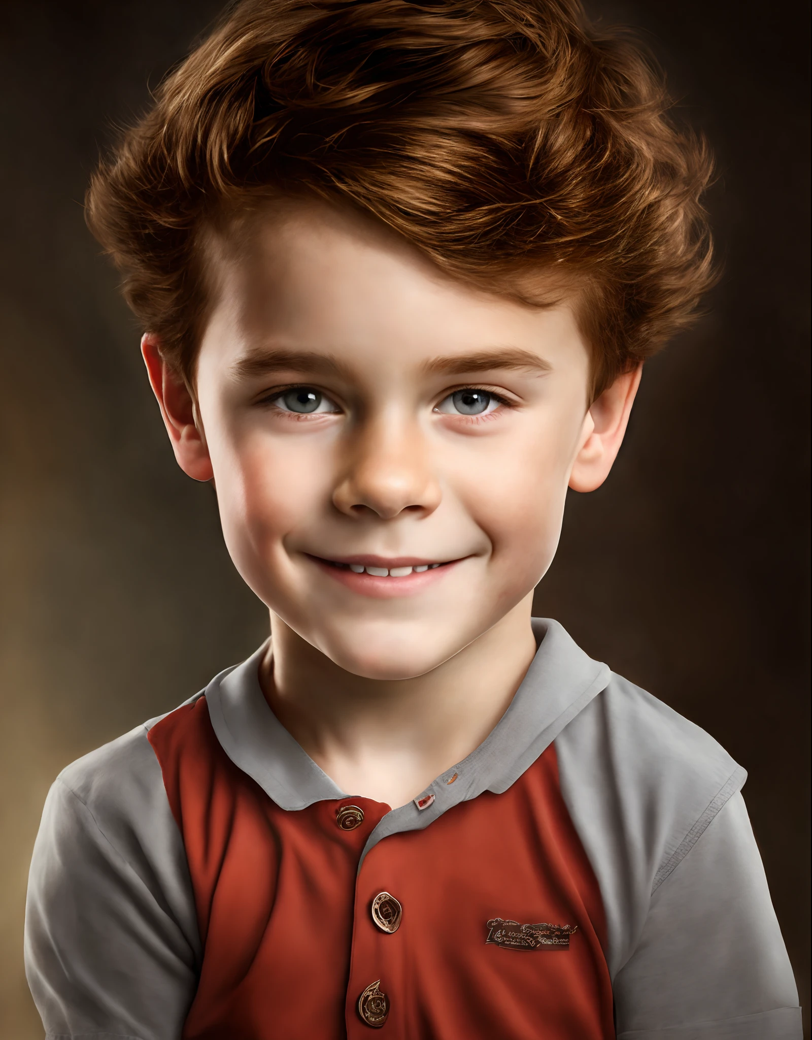 Imagen fotorealista, 7-year-old boy, muy feliz, auburn eyes, cabello un poco rizado de color oscuro camiseta corta blanca