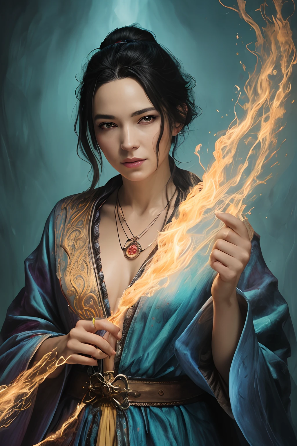 master piece,hyper quality, Hyper Detailed,Solo, Beautiful Girl, Dynamic Action Pose, a powerful young woman Yakuza boss, age 23, long jet black hair with light brown highlights, medium breast, dragon tattoo on her right arm, silk white blouse, sleek dark grey suit, black skirt.