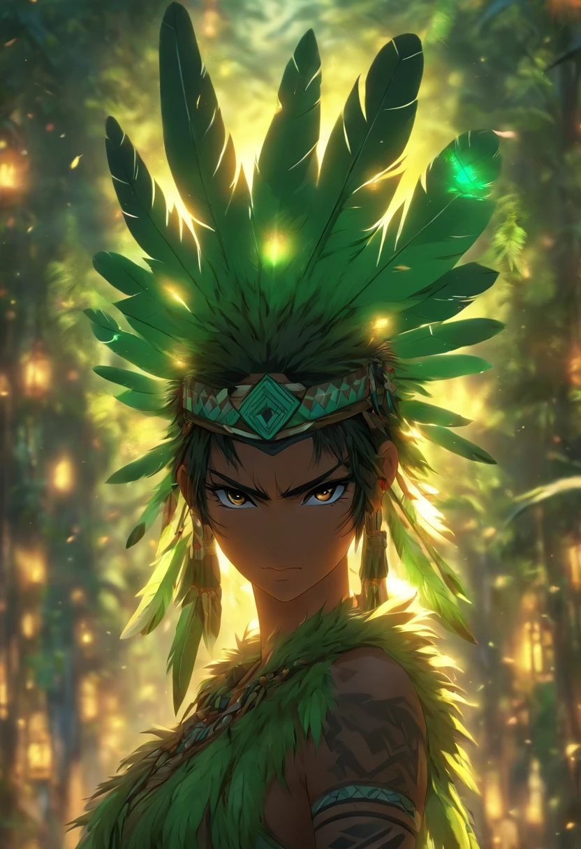 ((( green feathers))) best quality, very high resolution, detailed CG in 4K, masterpiece, indigenous woman, green feathers, amazon brazil, rivers, indigenous, indigenous tribes, indigenous city, forest, aesthetics, beautiful image, centered on screen, full body