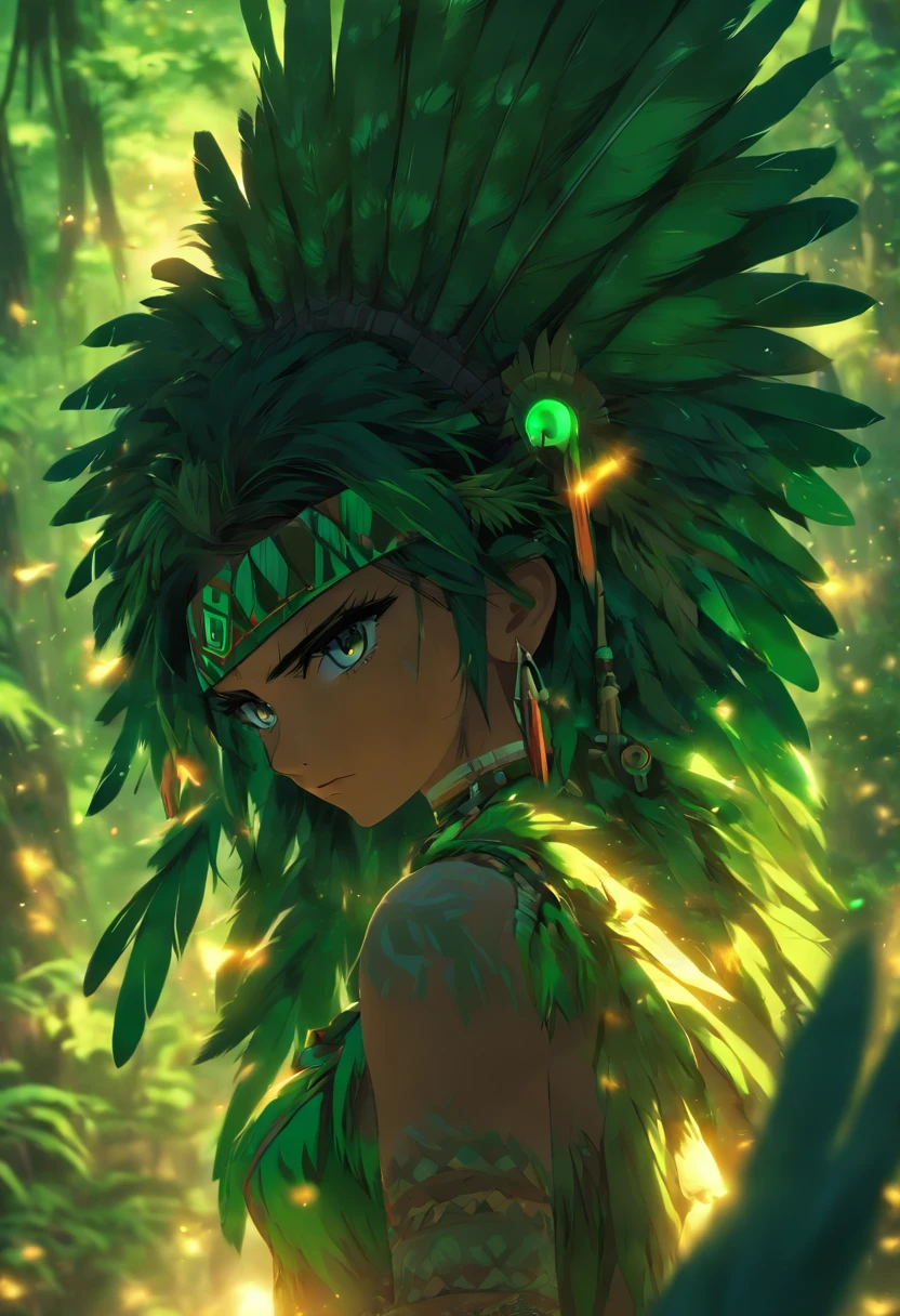 ((( green feathers))) best quality, very high resolution, detailed CG in 4K, masterpiece, indigenous woman, green feathers, amazon brazil, rivers, indigenous, indigenous tribes, indigenous city, forest, aesthetics, beautiful image, centered on screen, full body