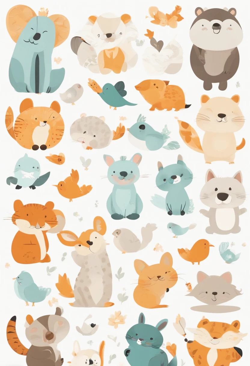 (Cartoon critters),adolable,(Sticker screen),white edges,Distribute to typesetting sets,(Sticker style),Flat style,Rich in color,(Small animals),cute illustration,flatillustration,paper cut out,solid color backdrop