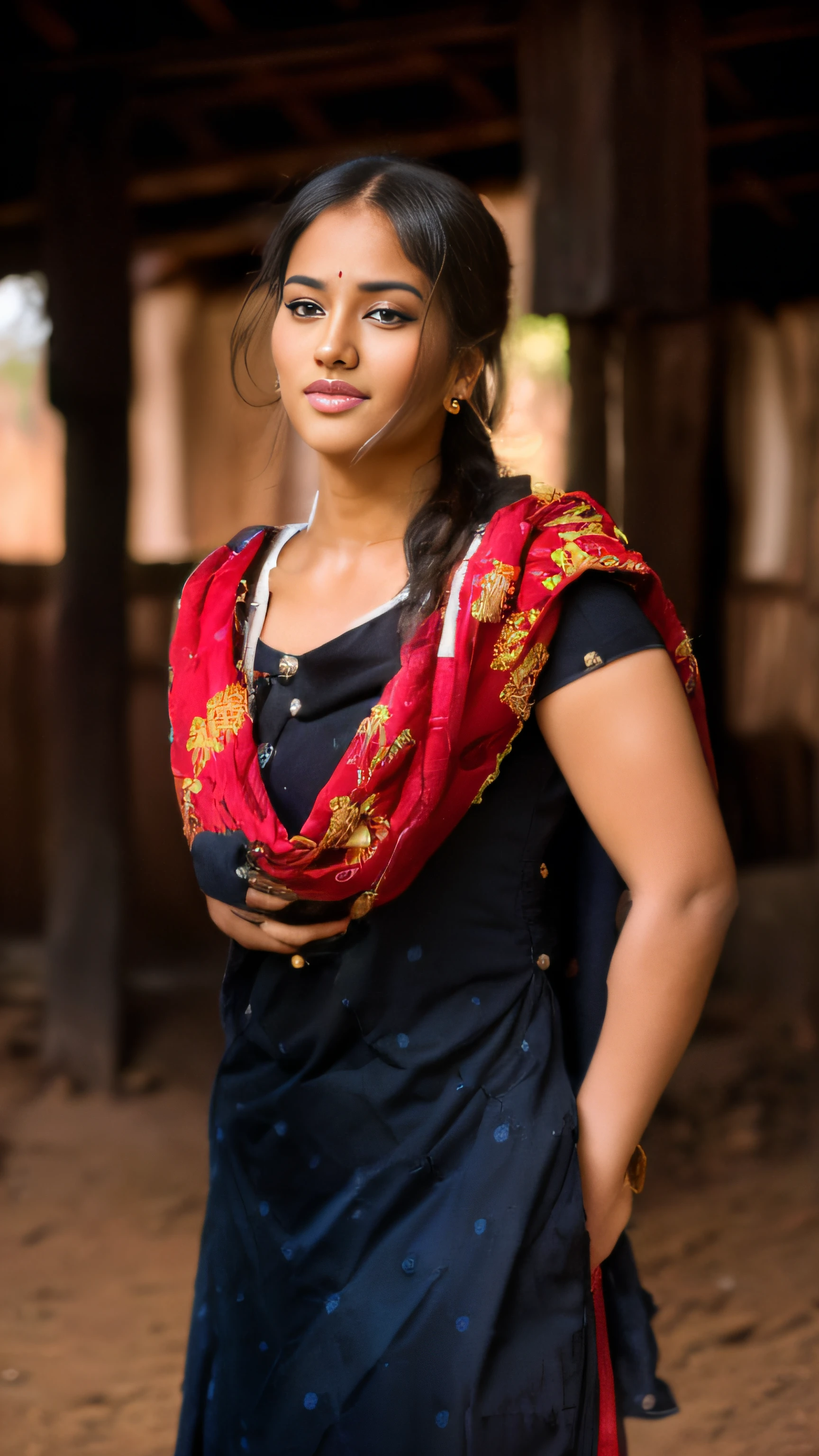 a close up of a woman in a black dress and white scarf, traditional beauty, very beautiful enga style, with lovely look, candid picture, candid photograph, candid photo, very beautiful girl, mid shot portrait, outdoor shoot, shot on 1 5 0 mm, assamese aesthetic, candid portrait, very attractive and beautiful, candid photography, movie stills photography