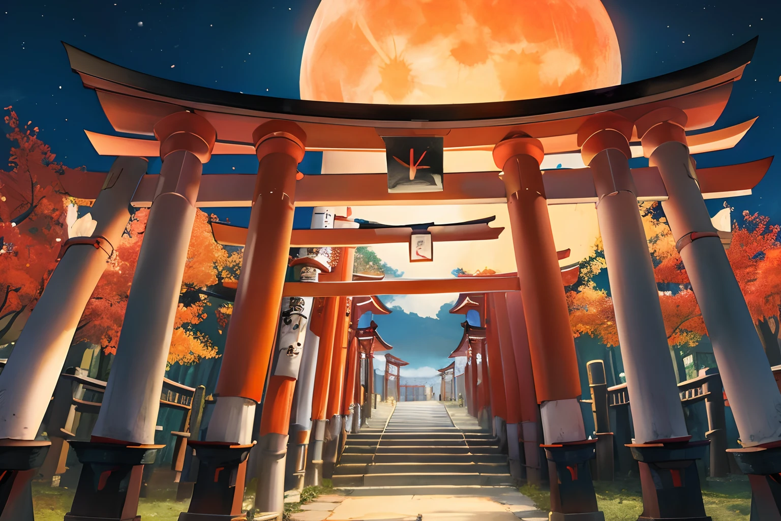 natta、Continuous torii gates like Fushimi Inari Taisha Shrine、jpn、a moon、Mystical、hight resolution、