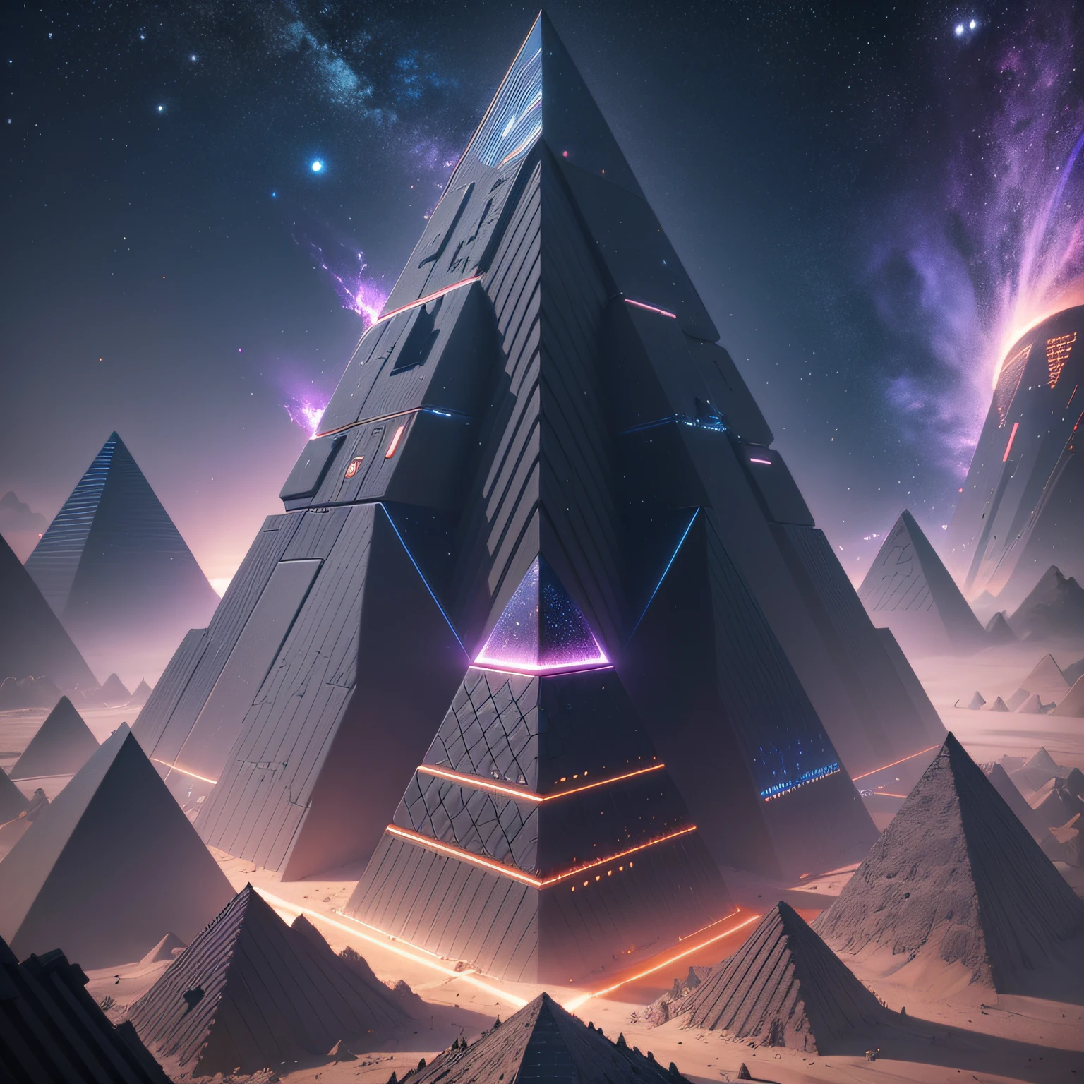 a futuristic galaxy with a pyramid of metal, in the style of piles/stacks, infinity nets, planet in space octane rendering, cinematic lighting, future glitch abstract universe 4k