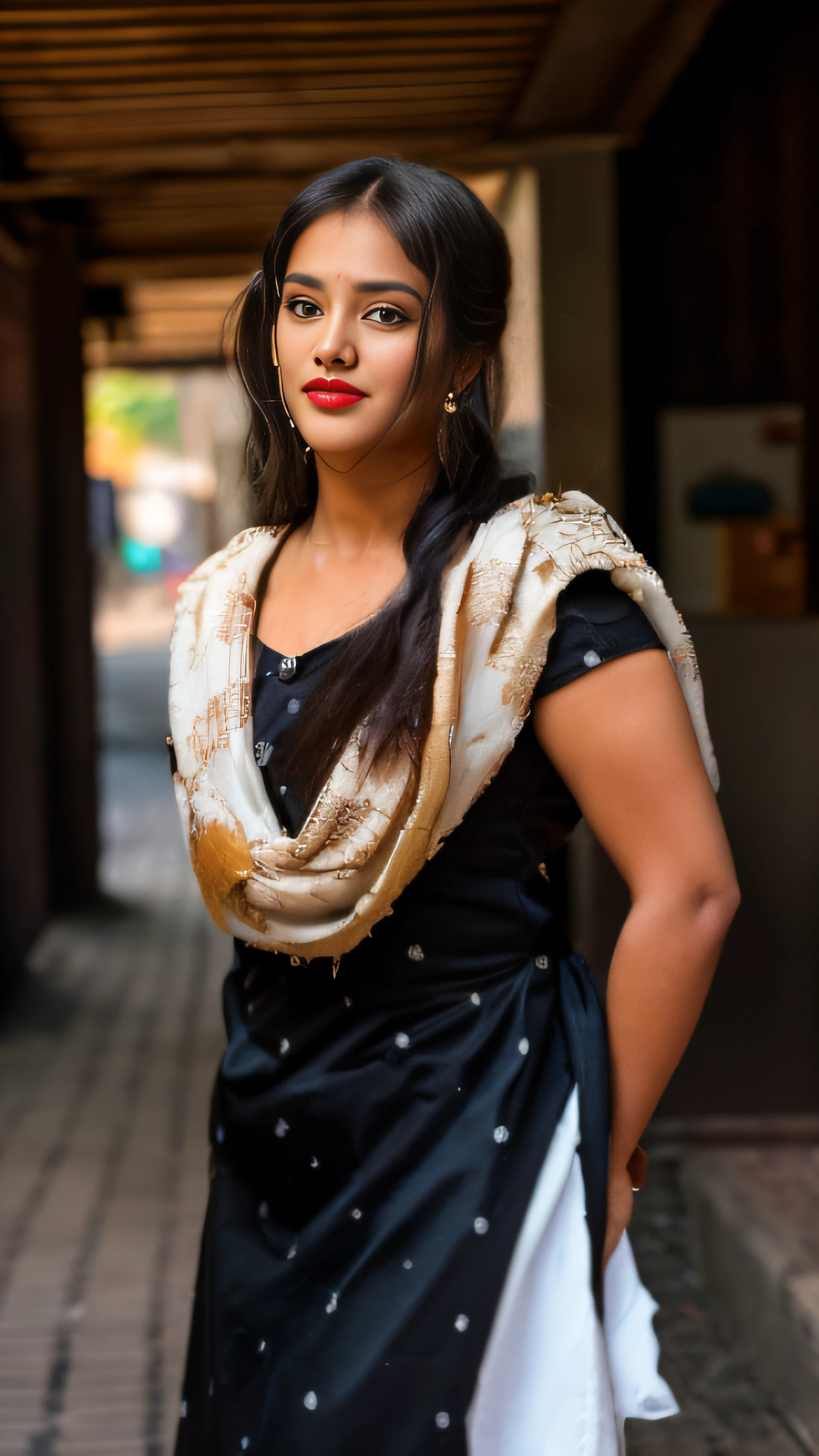 ((a close up of a woman in a black dress and white scarf)), ((dark red lips)), ((very beautiful face with long black loosely hair)), traditional beauty, very beautiful enga style, with lovely look, candid picture, candid photograph, candid photo, ((very beautiful srilanka girl 25yo)), mid shot portrait, (((outdoor shoot)))、shot on 1 5 0 mm, very attractive and beautiful, candid photography, movie stills photography