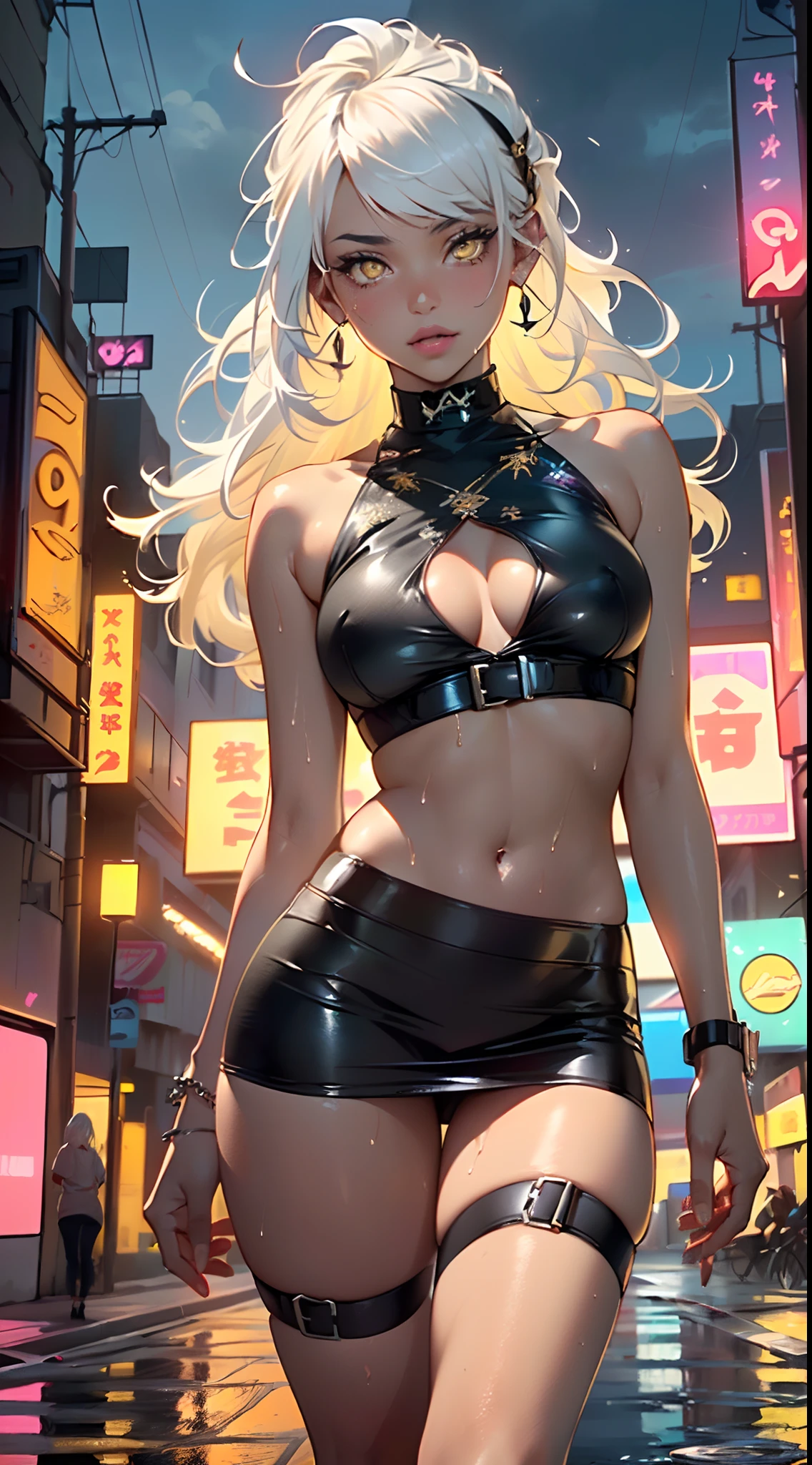 dark skin,very dark skin,dark_skin,
girl rave,(((1girl))),((girl with extremely cute and beautiful white hair)),
(large breasts:1.4),saggy breasts,(((white hair:1.35,straight hair,long hair:1.4,colored inner hair,ear breathing))),(((light_yellow_eyes:1.3))),intricate eyes,beautiful detailed eyes,symmetrical eyes,big eyes:15,((fat)),((((black girl,black skin,dark-skinned_female,dark skin:1.3,ebony skin,lustrous skin:1.5,bright skin: 1.5,shiny skin,very shiny skin,shiny body,plastic glitter skin,exaggerated shiny skin,shiny skin like ebony,illuminated skin, wet legs))),(spider lower abdomen,narrow waist,wide hip,athletic body,inflated legs,detailed body,(detailed face)),
cute,slutty,seductive,erotic,(((nsfw))),
zettai ryouiki,revealing clothing,show skin,((rave shirt with an yellow print,rave mini-skirt,visible thong straps)),(wearing a rave outfit:1.3,rave clothes,semi-naked,with little clothing),((wet clothes,intricate outfit,intricate clothes)),
(dynamic pose:1.0),solo focus,embarrassed,(centered,scale to fit dimensions,Rule of thirds),
cyberpunk city by the ocean at night, with bright neon signs and dark stormy clouds and puddles, scenery:1.25,
artistic photography,(photography taken by sldr),highres, sharp focus, (ultra detailed, extremely detailed), (photorealistic artwork:1.37),(extremely detailed CG unity 8k wallpaper),((synthwave background theme)),(((vibrant colors))),(intricate background),(masterpiece),(best quality),