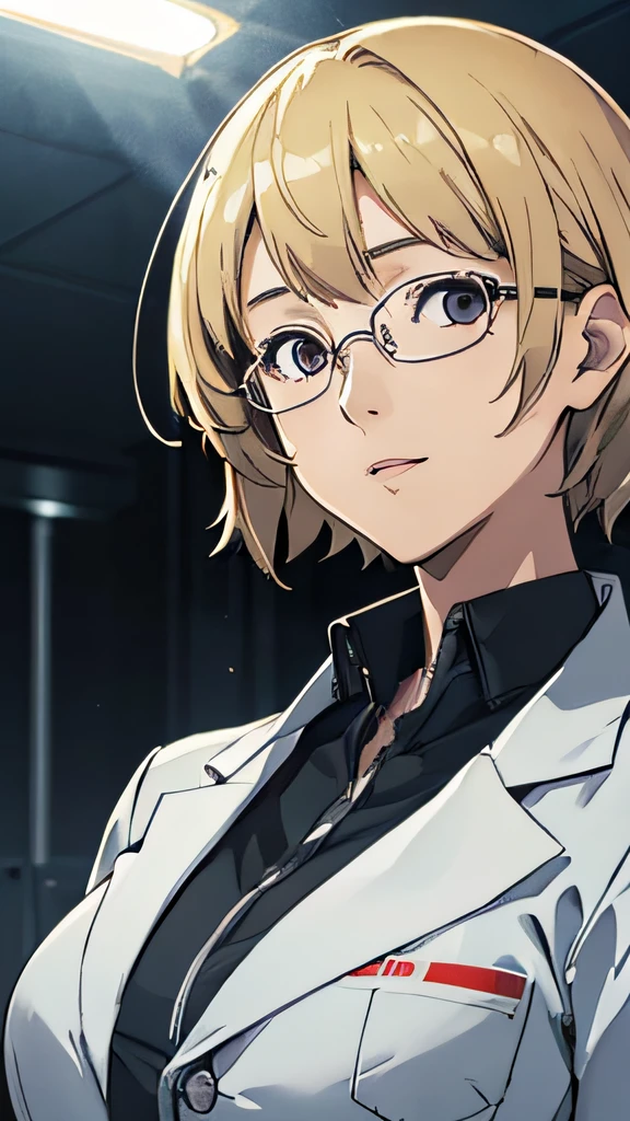 masterpiece, (volumetric lighting:1.5), (atmospheric:1.5), best quality, best artist, 4k wallpaper, 1girl, ritsuko, lab coat, blonde hair, glasses, happy, large breasts, looking at viewer, solo, clear face, perfect face