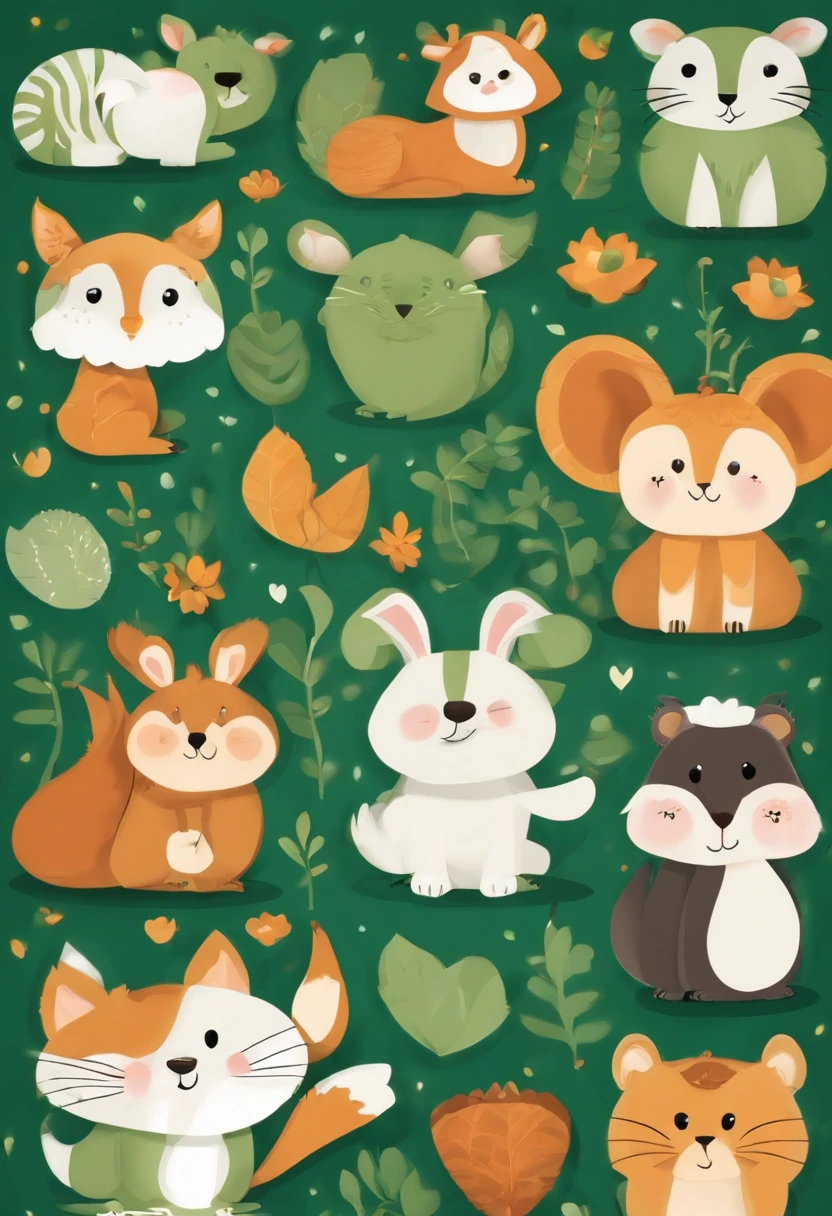 (Cartoon critters),adolable,(Sticker screen),white edges,Even typography,(Sticker style),Flat style,Rich in color,(Small animals),cute illustration,flatillustration,paper cut out,Dark green background,multi-detail,k hd