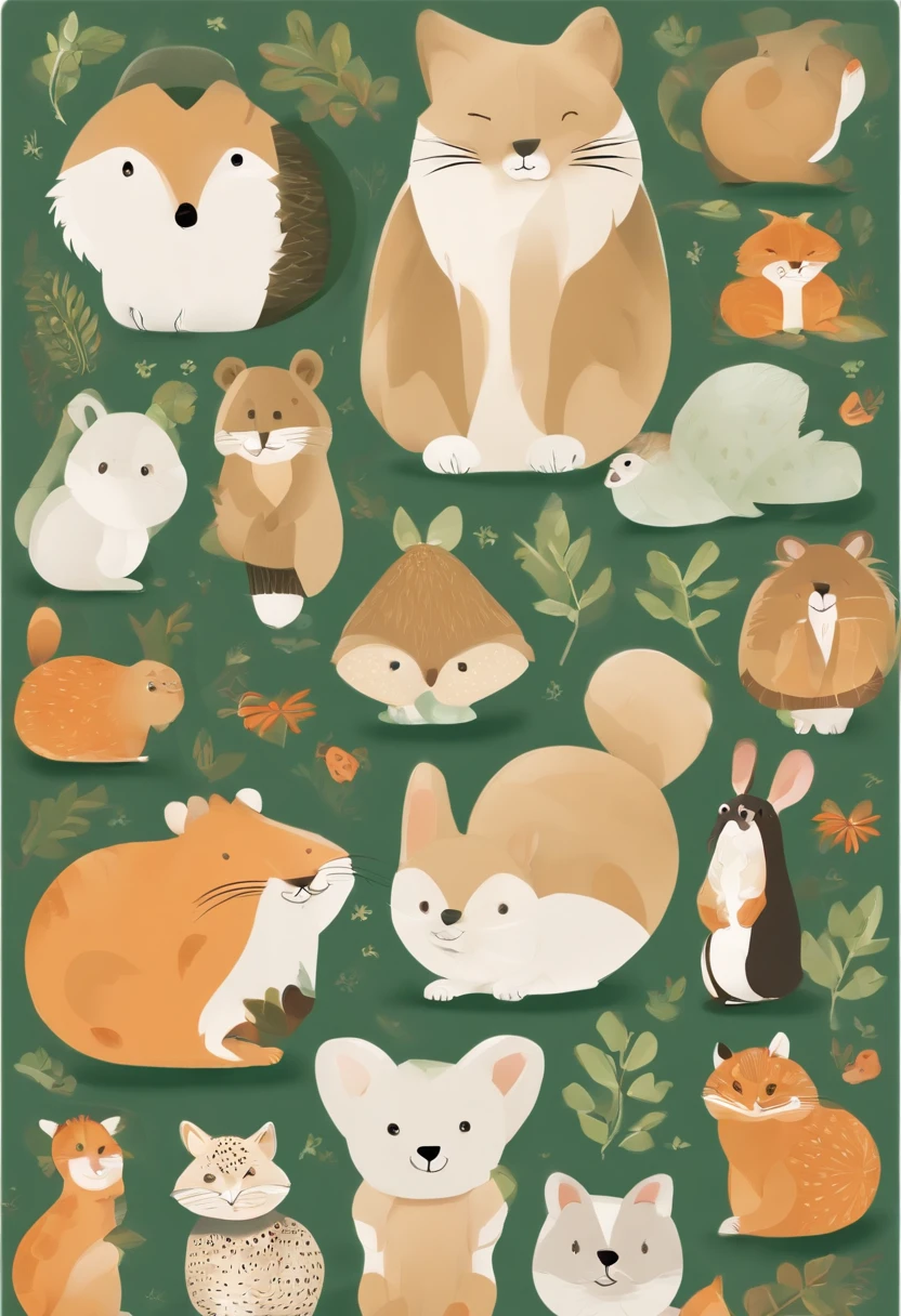 (Cartoon critters),adolable,(Sticker screen),white edges,Even typography,(Sticker style),Flat style,Rich in color,(Small animals),cute illustration,flatillustration,paper cut out,Dark green background,multi-detail,k hd