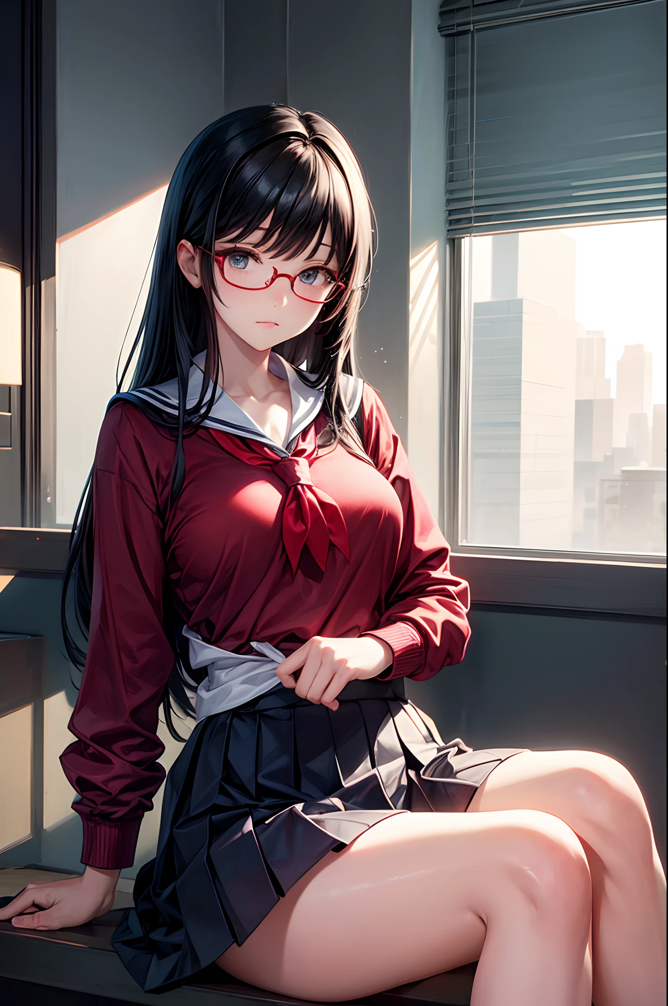 masterpiece, best_quality, 1girl, solo, black hair, sexy school uniform, red eyewear on head, sitting by the window