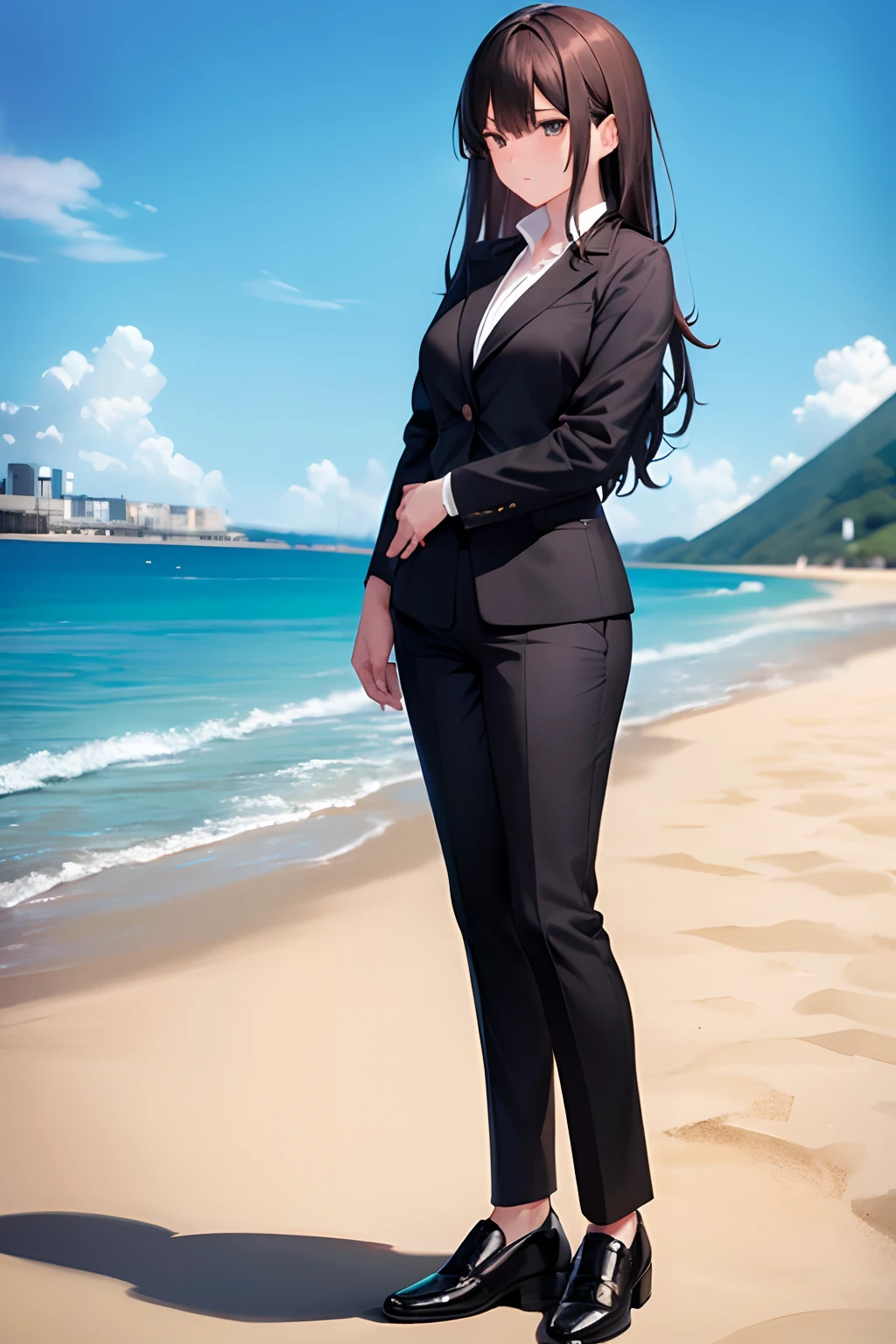 1girl, suit, beach, office lady, black pants, black blazer, brown hair, long hair, teenager, full body,