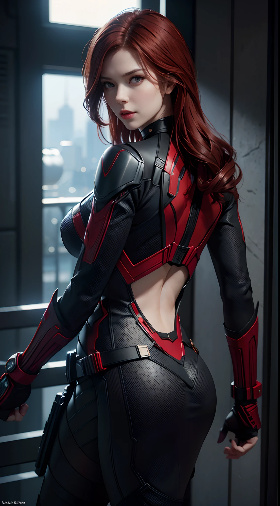 1girl, Full body shot, Natasha Romanoff style of the Black Widow (from marvel studios) costume, smile, look at viewer, back vie, (random angles), (masterpiece, best quality, detailed skin texture, detailed cloth texture, beautiful detailed face, intricate details, ultra detailed), Short red hair, (Best quality, A high resolution, Photorealistic, primitive, 8K,Masterpiece, ),Best quality, Masterpiec8K.hdr. High ribs:1.2, filmgrain, Blur bokeh:1.2, Lens flare, (vivd colour:1.2), (Delicate),