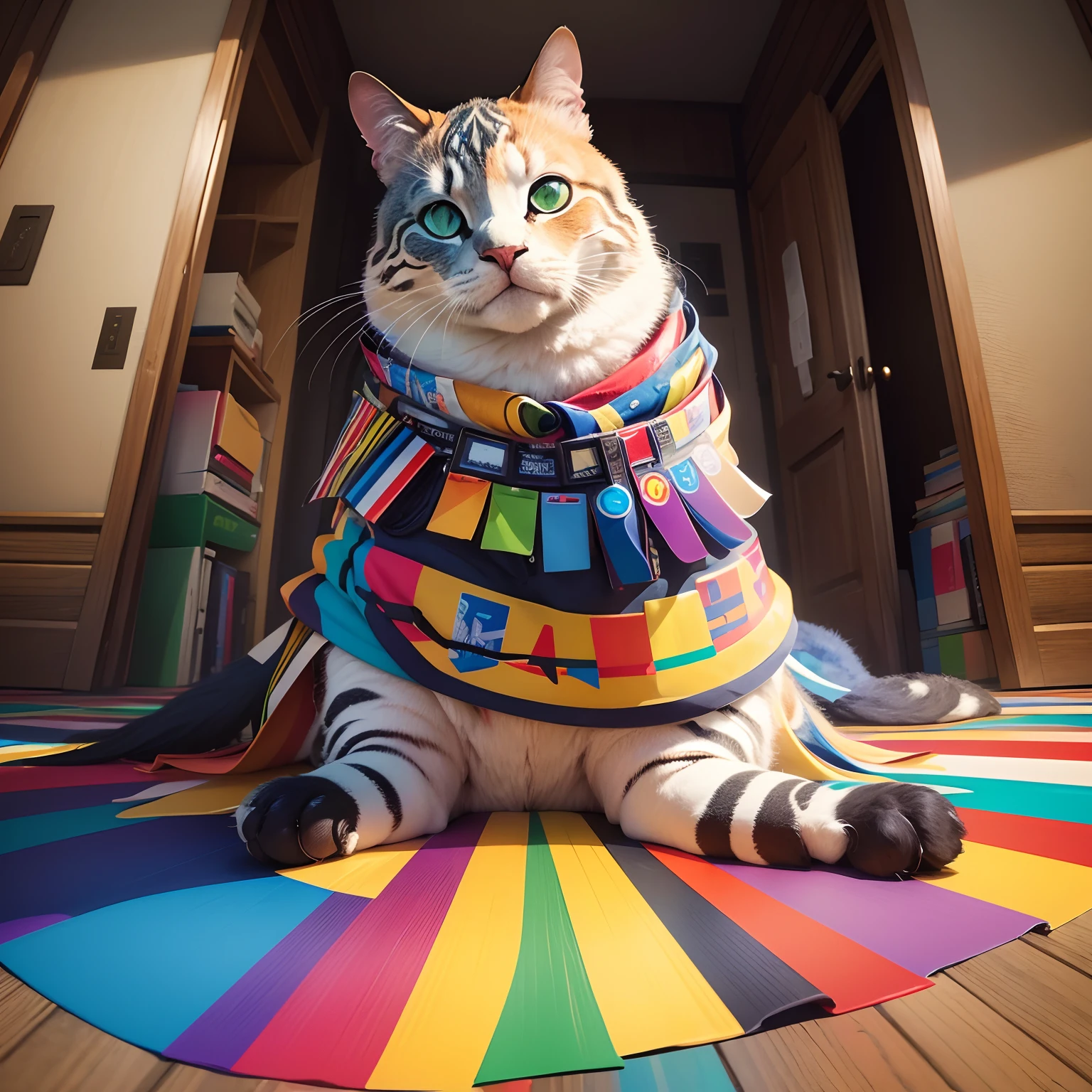 (many colorful labels, many stickers, "viewing prohibited") on book, (best quality, 8K, masterpiece, photorealistic:1.1)