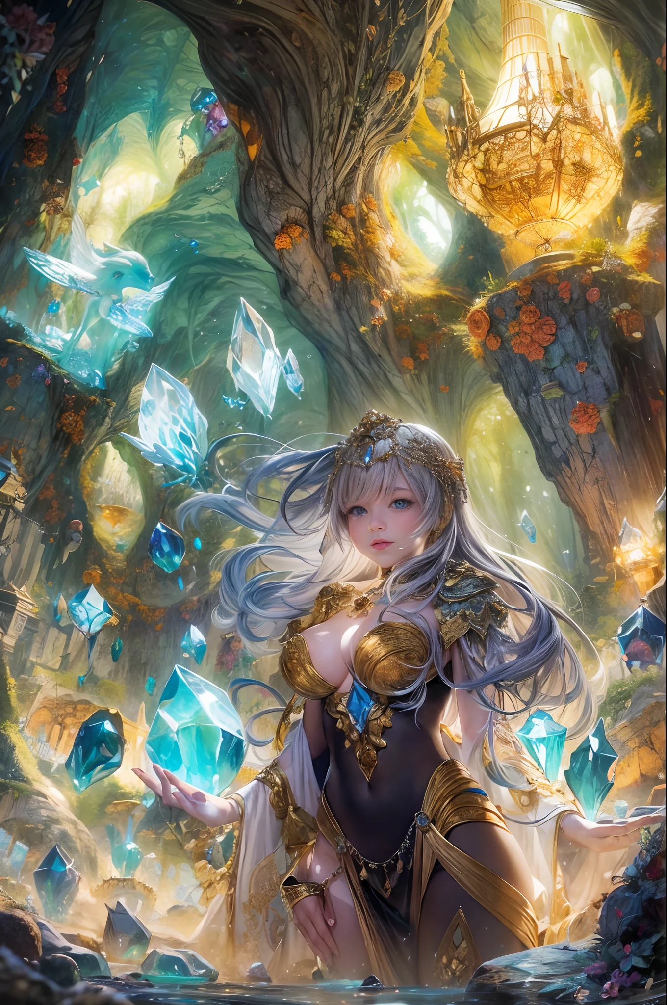 "In the heart of the Cave of Wonders, a girl with flowing hair explores the breathtaking underground grotto. She is surrounded by enormous, glistening gemstones, their vivid colors casting a magical allure. The play of light and shadows adds depth and mystery to the scene.
