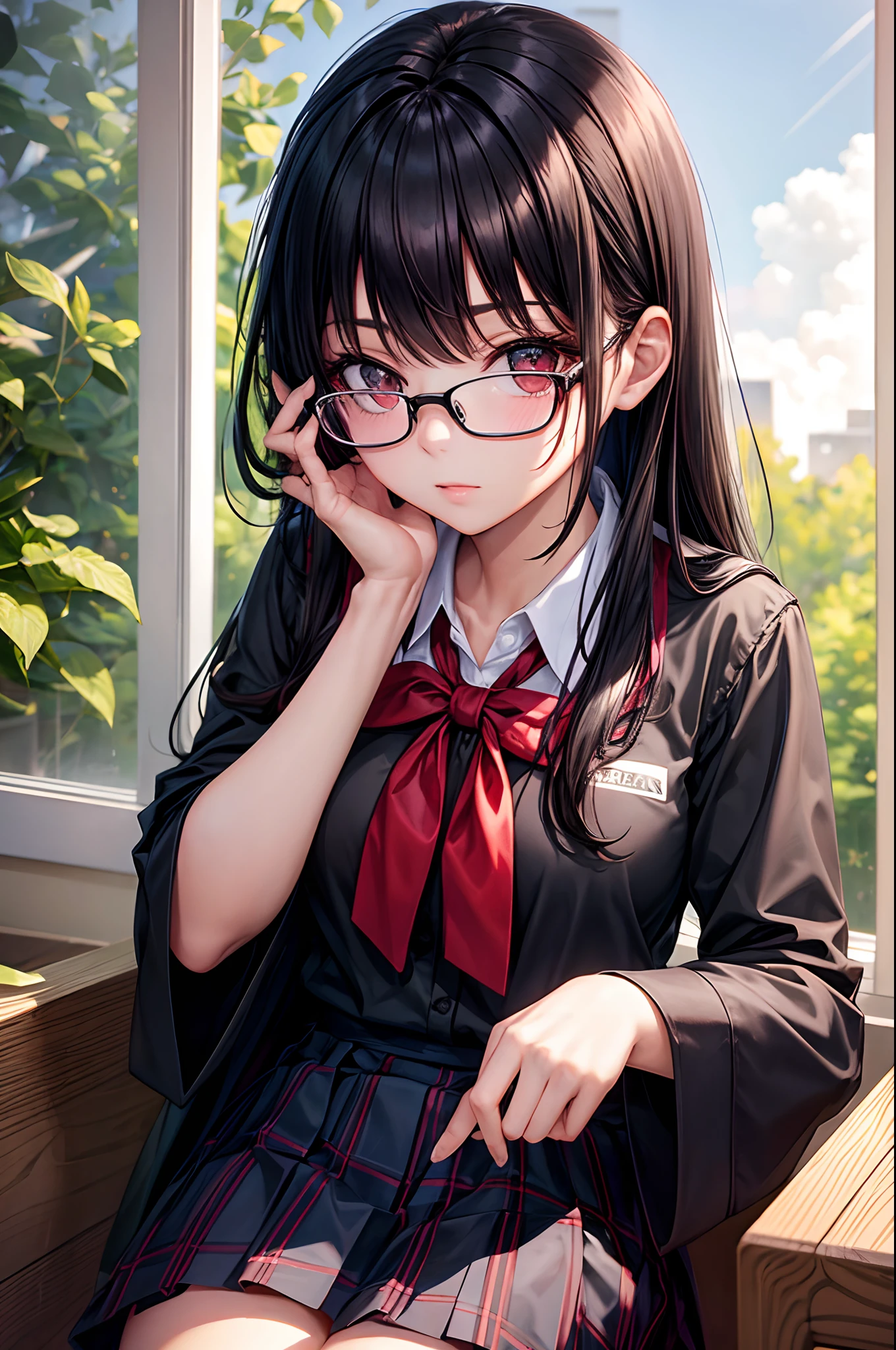1人の女性、brown haired(Curta)、Brown eyes、Black-rimmed glasses、 Best Quality、ultra-detailliert、8K resolution、Raw photo、Attractive、gorgeous faces、schools、Blazer Uniform、18year old