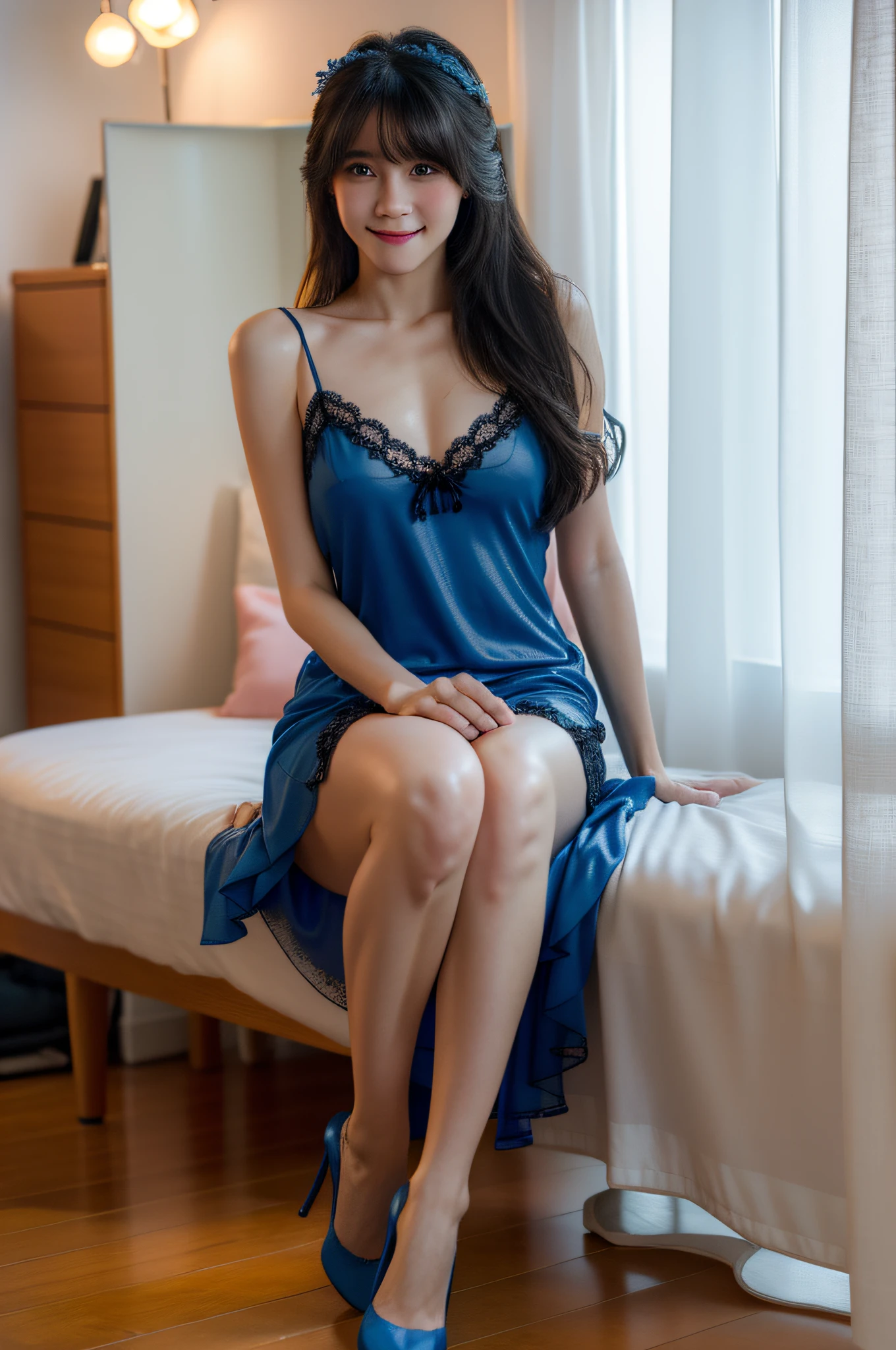 best quality, ultra-high res, (photorealistic:1.4), long hair, bangs, blue mini negligee, close up, looking_at_viewer, little smile, high heels, standing Graceful, at the room studio, Smooth lips, detailed eyes, breast cleavage, glaze