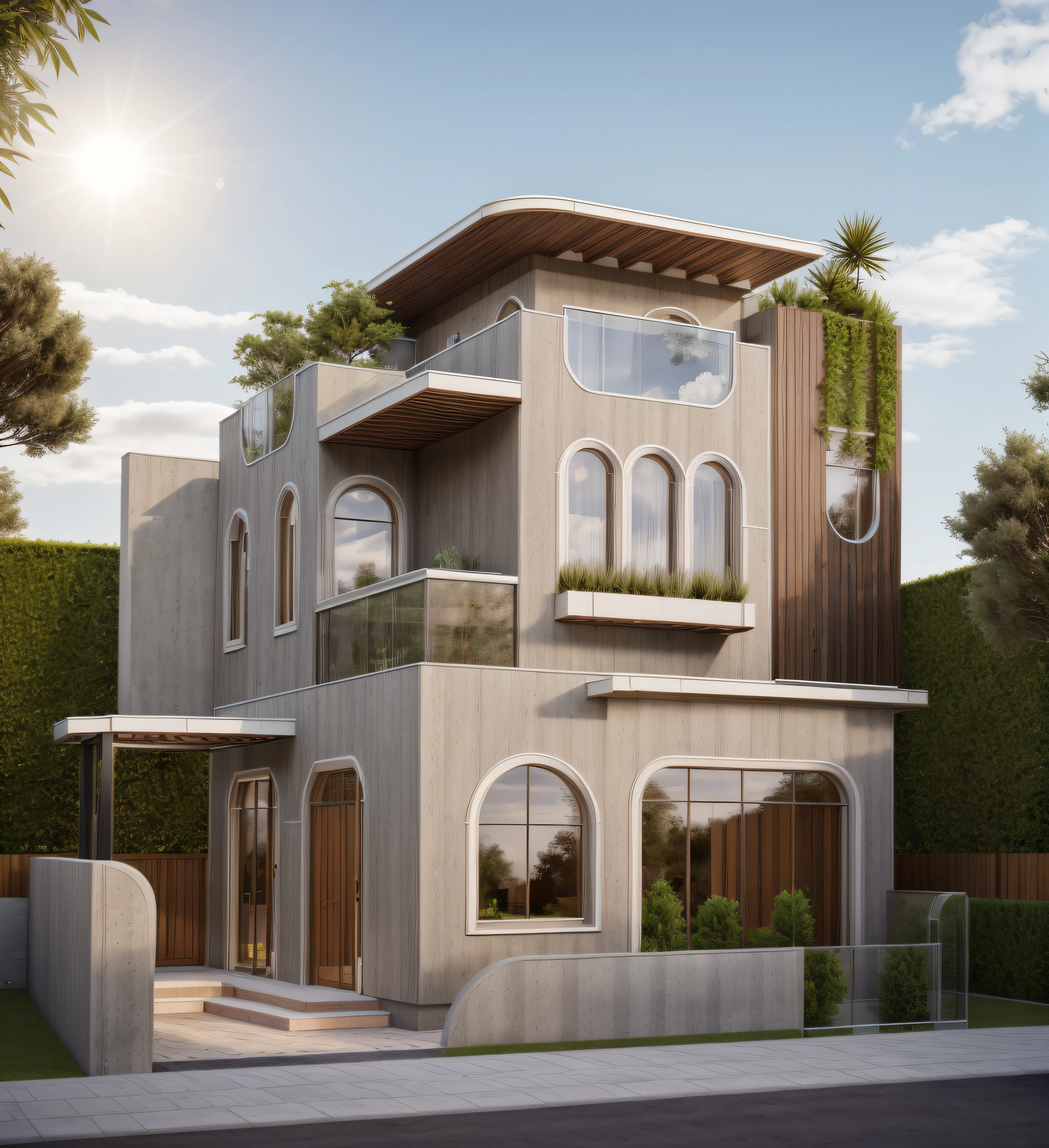 RAW photo, Masterpiece, high quality, best quality, authentic, super detail, exterior, house Mediterranean style on the garden, white colour walls, dark brown colour walls, glass windows, glass doors, balcony, railing glass, wooden ceiling,modernism, Realistic reflexes, realistic light, daylight, beautiful sky, trees, grass, grass and plant on the fence, trees and plant in the garden, trees and plant on the rooftop, high tree behind the house, road on the front of house, contrast colour, vray