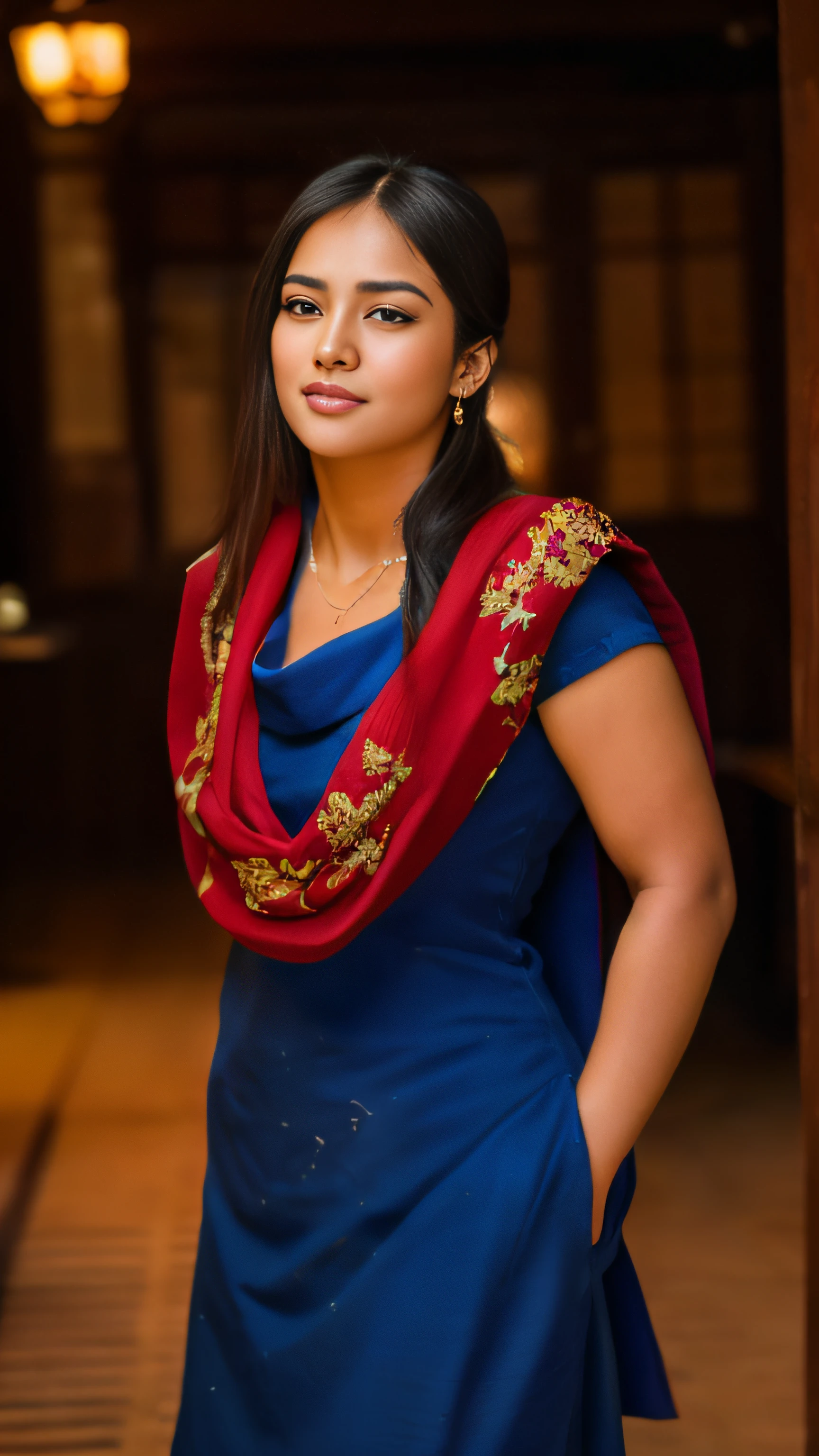 a close up of a woman in a red dress and blue scarf, traditional beauty, very beautiful enga style, with lovely look, candid picture, candid photograph, candid photo, very beautiful girl, mid shot portrait, shot on 1 5 0 mm, assamese aesthetic, candid portrait, * colour splash *, very attractive and beautiful, candid photography, movie stills photography