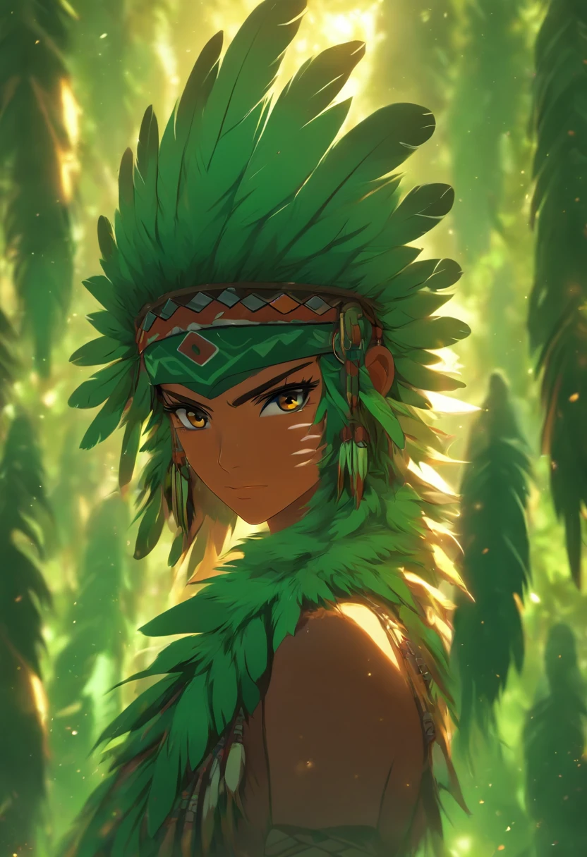 ((( green feathers))) best quality, very high resolution, detailed CG in 4K, masterpiece, indigenous woman, green feathers, amazon brazil, rivers, indigenous, indigenous tribes, indigenous city, forest, aesthetics, beautiful image, centered on screen, full body