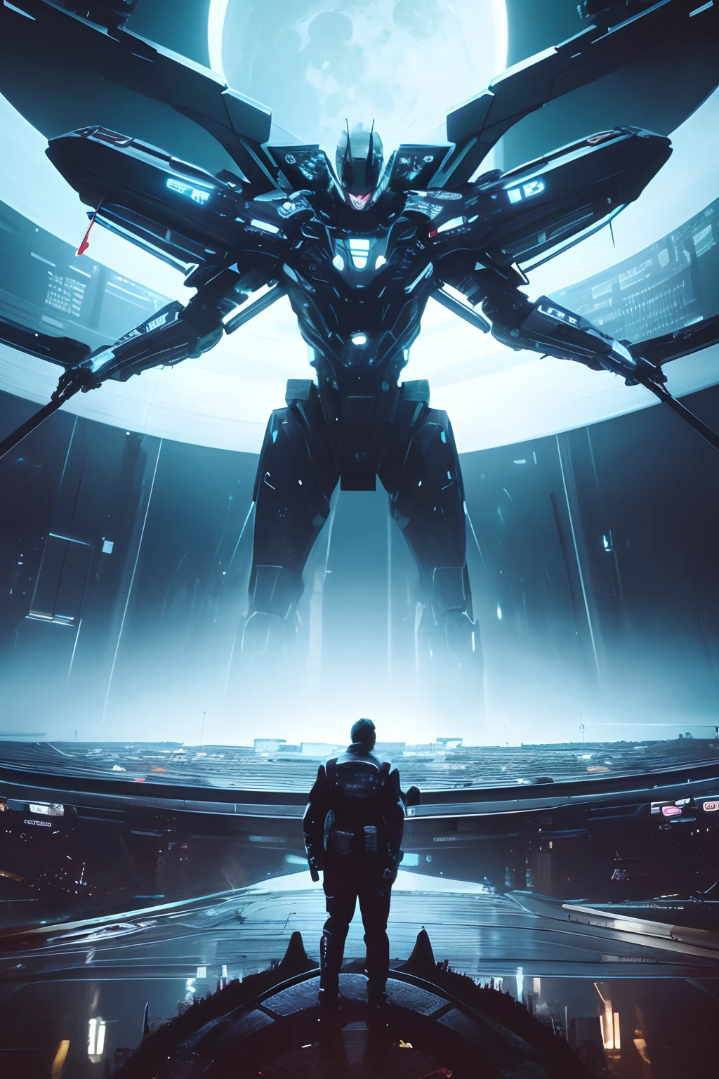 Capture a surreal scene of a man in cyberpunk suits riding a colossal dragonfly over a dreamlike, luminescent pond, reflecting a sky filled with oversized crescent moons, dramatic effect, dramatic lighting, high quality, ultra detail,