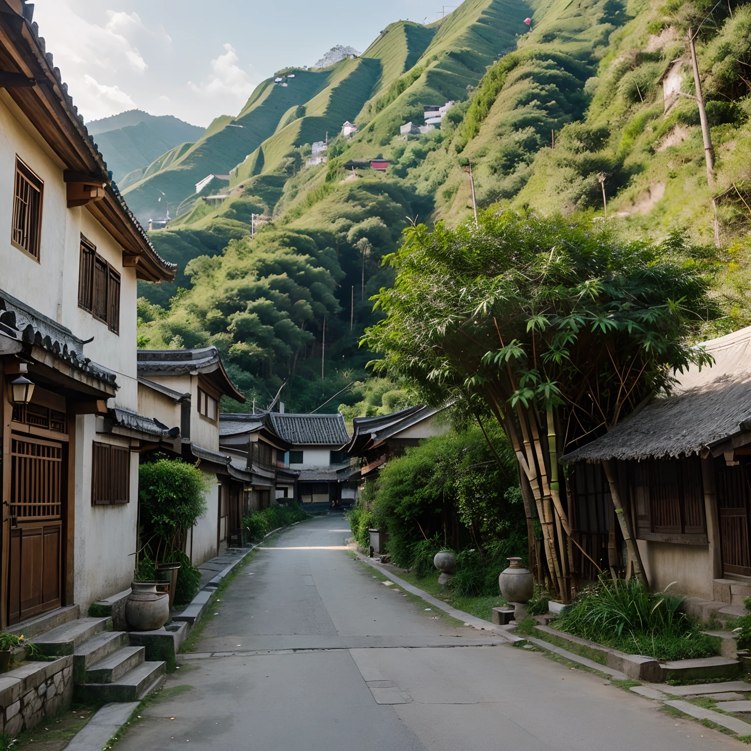 Scene of a Zhuang village。The houses are typical of Zhuang architecture,Nice painted patterns on the walls。The village is surrounded by lush bamboo forests and lush hills。Nana asked her grandparents that she wanted to go to the mountains。