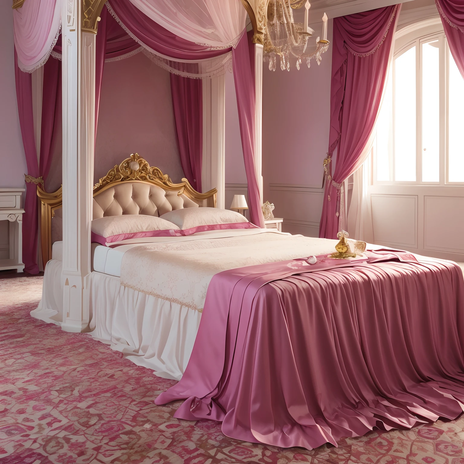 photos realistic, Princess's Room in an Imaginary Kingdom, Princess lying in bed in gorgeous dress.