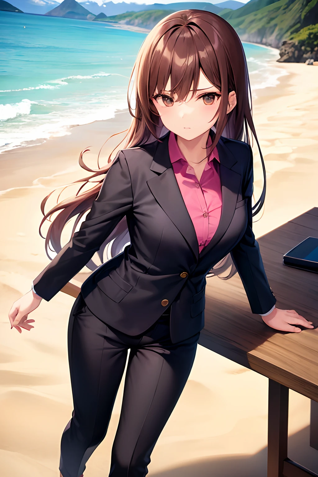 1girl, suit, beach, office lady, black pants, pink t shirt, brown hair, long hair, teenager, pant suit,