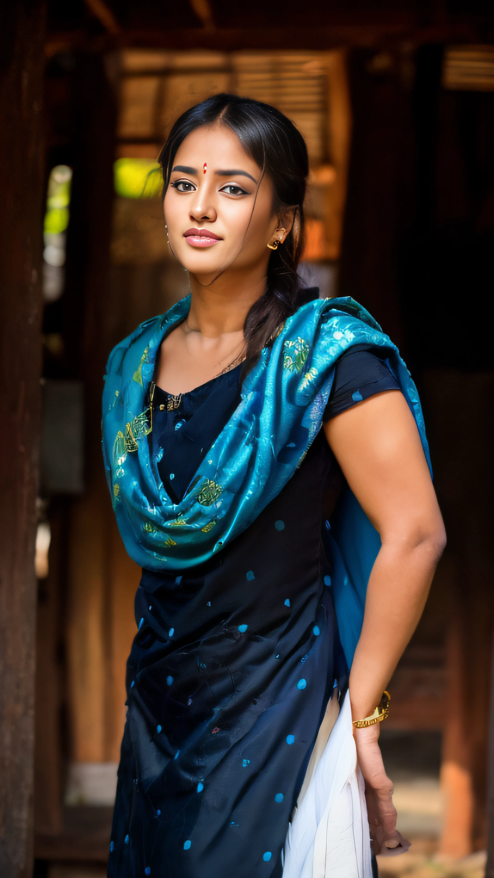 a close up of a woman in a black dress and white scarf, traditional beauty, very beautiful enga style, with lovely look, candid picture, candid photograph, candid photo, very beautiful girl, mid shot portrait, outdoor shoot, shot on 1 5 0 mm, assamese aesthetic, candid portrait, * colour splash *, very attractive and beautiful, candid photography, movie stills photography