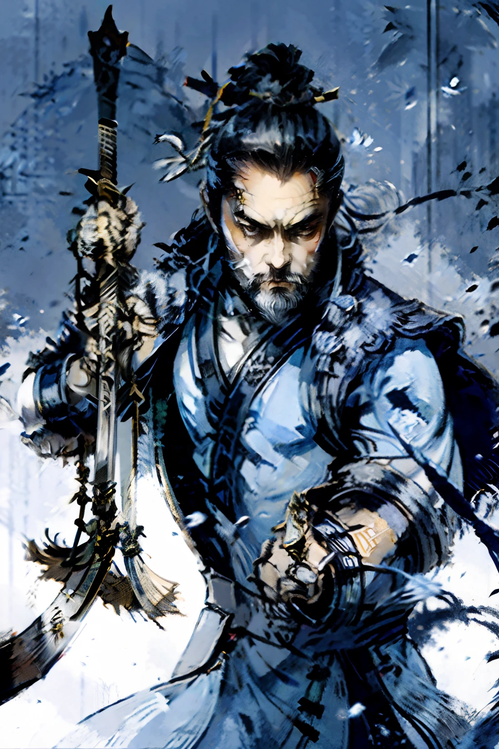 The background is the Dart Game,The man's clothes are painted with Tai Chi gossip,Fairy wind road bone,The beard is long and gray,Wear a short blue silk outfit,Tie-up a top knot on the head,Holding a sharp sword in his hand,dynamic movements,contrast of light and shadow,Classic Chinese art style,Classic Chinese art style,Ancient costumes,Looks like a master