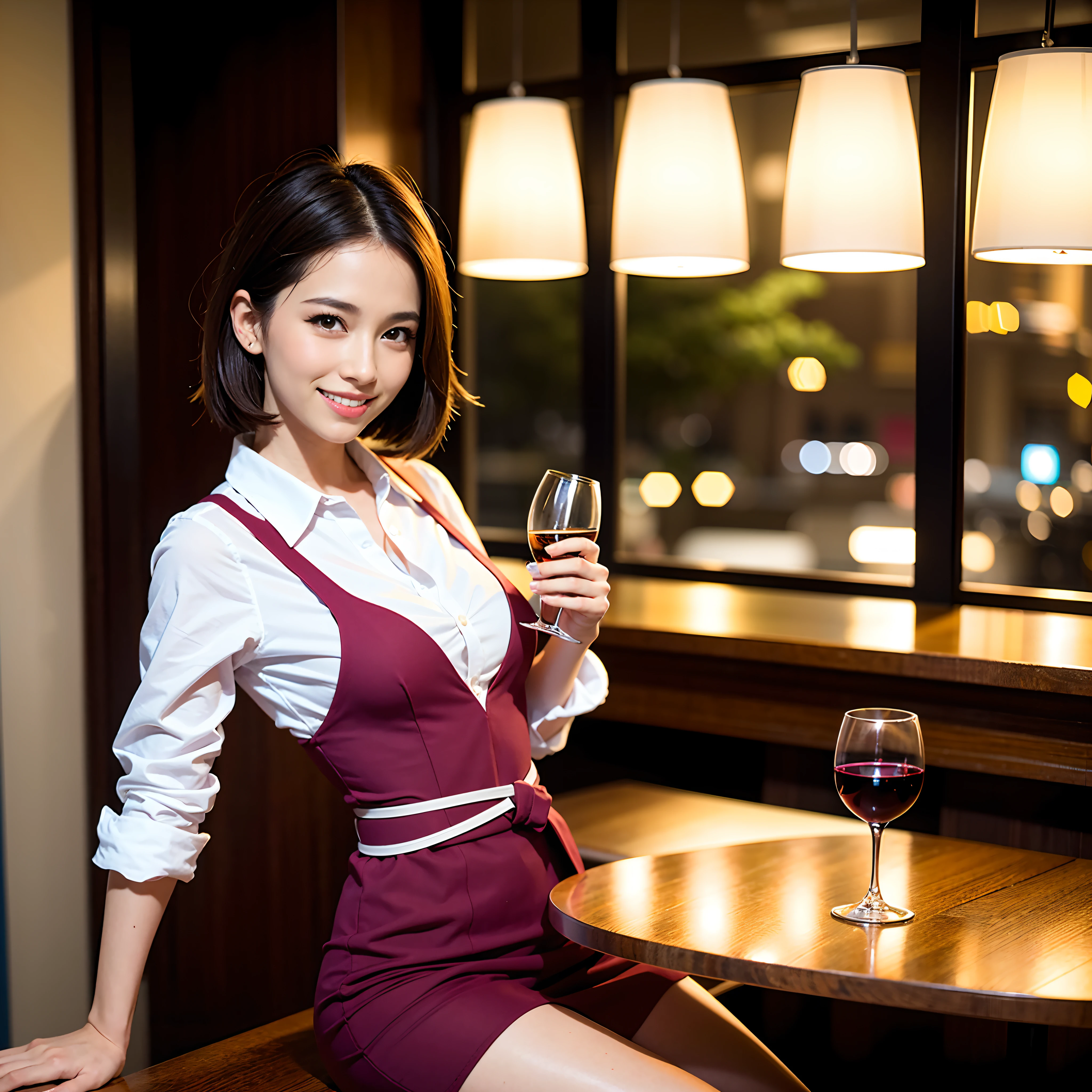 (64K, UHD, top quality, masterpiece: 1.2), (realistic, photorealistic: 1.37), super detailed, pretty woman 1 person, (slim face), (slim body), (brown hair), (short cut), cheeks slightly blushing, (35 years old), 38 years old, solo, beautiful detailed urban night view outside the window, restaurant, wine glasses sit, at night, in a prominent place (from the waist up) NovaFrogStyle, Actress, Model, Waist Up, White Wine, Slim, Wine Glass, Super Clean Night View, Wine Glass Put in the Middle, Happy Smile, (Smile: 1.15), Beautiful Fine Eyes, Upper Body, Bust Japan Up, Night, Short, Short, Actress, Model, Waist Up, White Wine, Slim, Wine Glass, Super Clean Night View, Wine Glass Put in the Middle, Happy Smile,