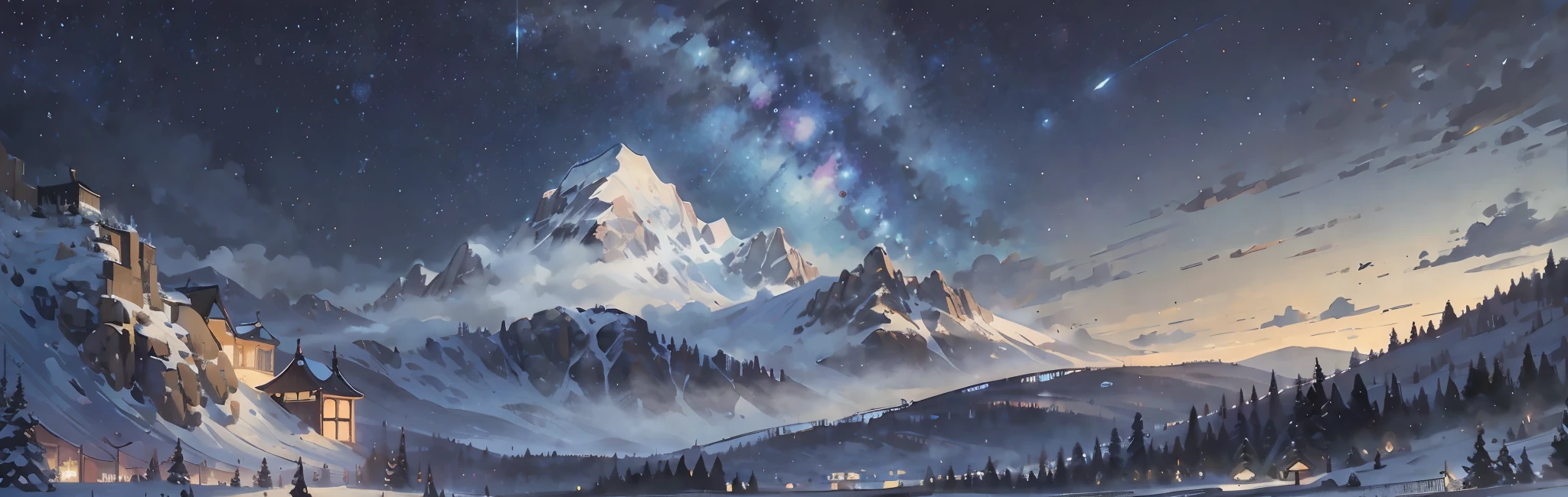 masterpiece, best quality, extremely delicate and beautiful, world masterpiece theater, ultra-detailed, highly detailed, best quality, highres, extremely detailed, best quality, illustration, impasto, canvas, oil painting, realistic, realist ,real, starry night and snow mountain in background