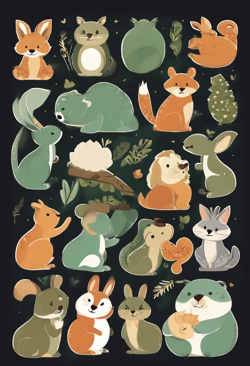 （Cartoon critters），adolable，（Sticker screen），Distributed typesetting，（Sticker style），Flat style，Rich in color，（Small animals）（With white edges），cute illustration，flatillustration，paper cut out，Dark green background，multi-detail，k hd