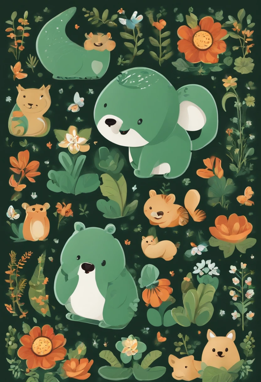 (Cartoon critters),adolable,(Sticker screen),Distributed typesetting,(Sticker style),Flat style,Rich in color,(Small animals)(With white edges),cute illustration,flatillustration,paper cut out,Dark green background,multi-detail,k hd