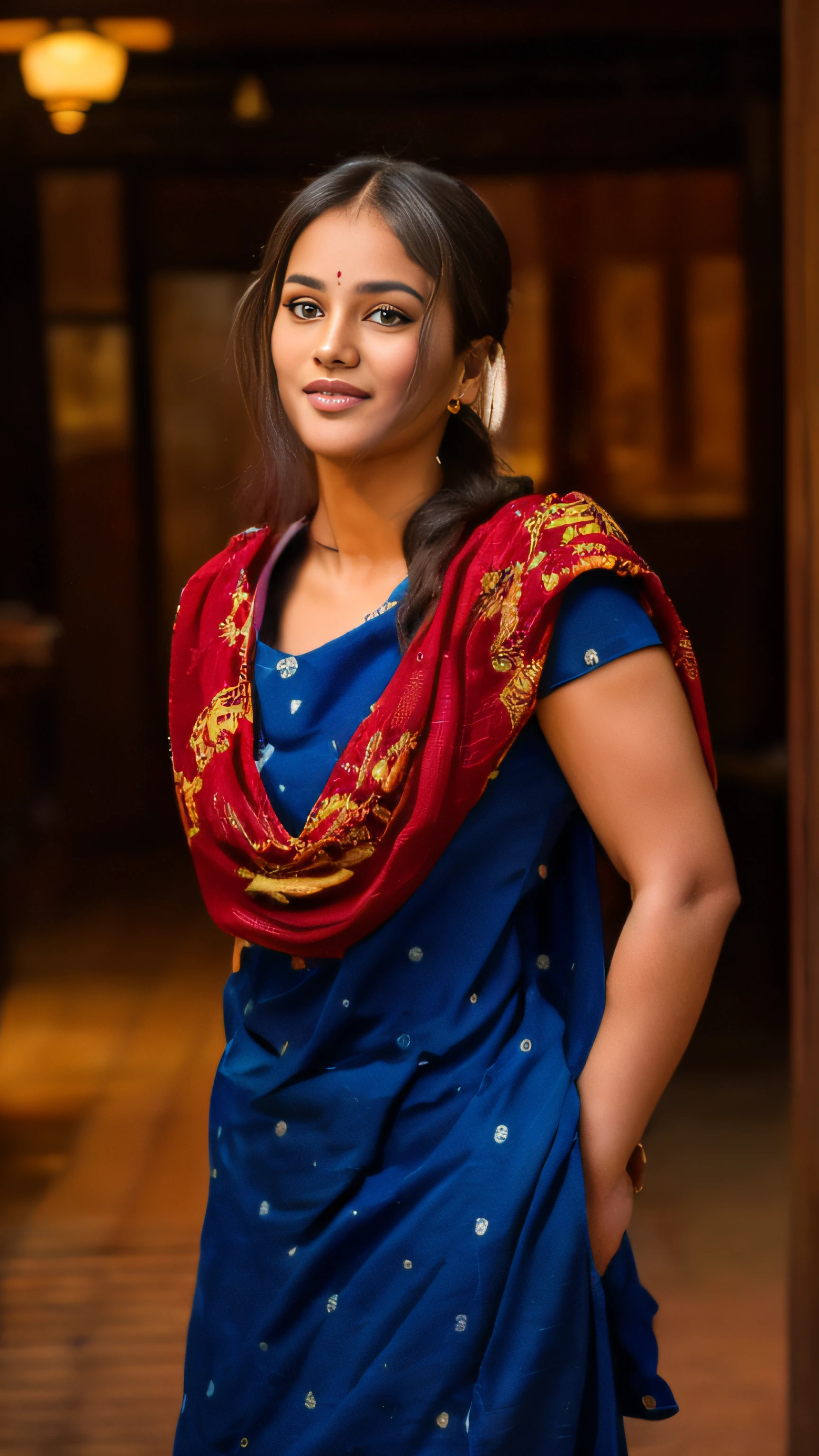 a close up of a woman in a red dress and blue scarf, traditional beauty, very beautiful enga style, with lovely look, candid picture, candid photograph, candid photo, very beautiful girl, mid shot portrait, shot on 1 5 0 mm, assamese aesthetic, candid portrait, * colour splash *, very attractive and beautiful, candid photography, movie stills photography
