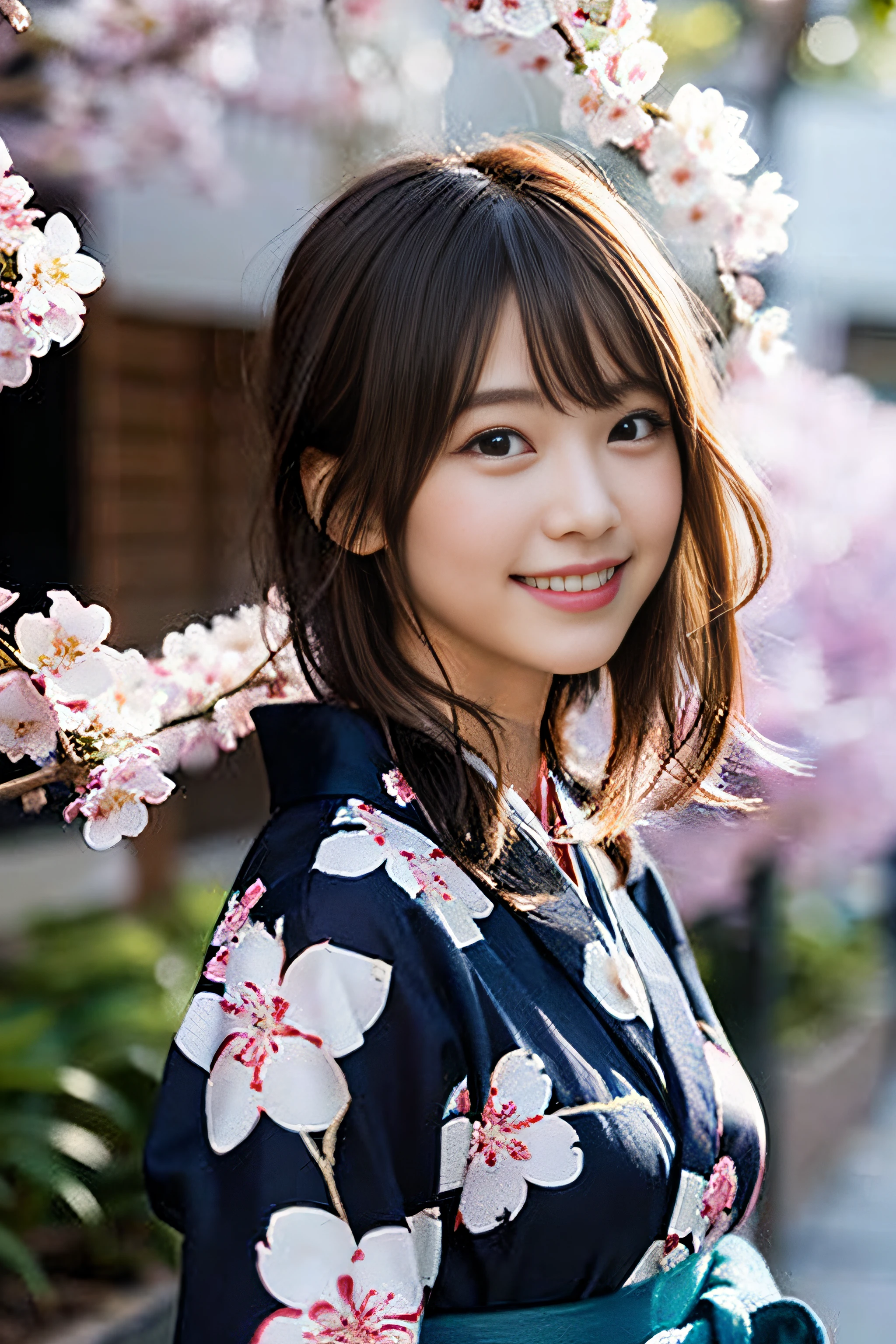 (8K、Raw photography、top-quality、masterpiece:1.2)、(realisitic、Photorealsitic:1.37)、ultra-detailliert、超A high resolution、女の子1人、see the beholder、beautifull detailed face、A smile、Constriction、(Slim waist) :1.3)、Beautiful detailed skin、Skin Texture、Floating hair、Professional Lighting、Whole human body、Japanese Yukata、floral Yukata、Yukata with cherry blossom pattern、springtime、hi-school girl、School route、cherry trees、Red ribbons、Bob Hair、Happy smile、Childish smile、Suppin