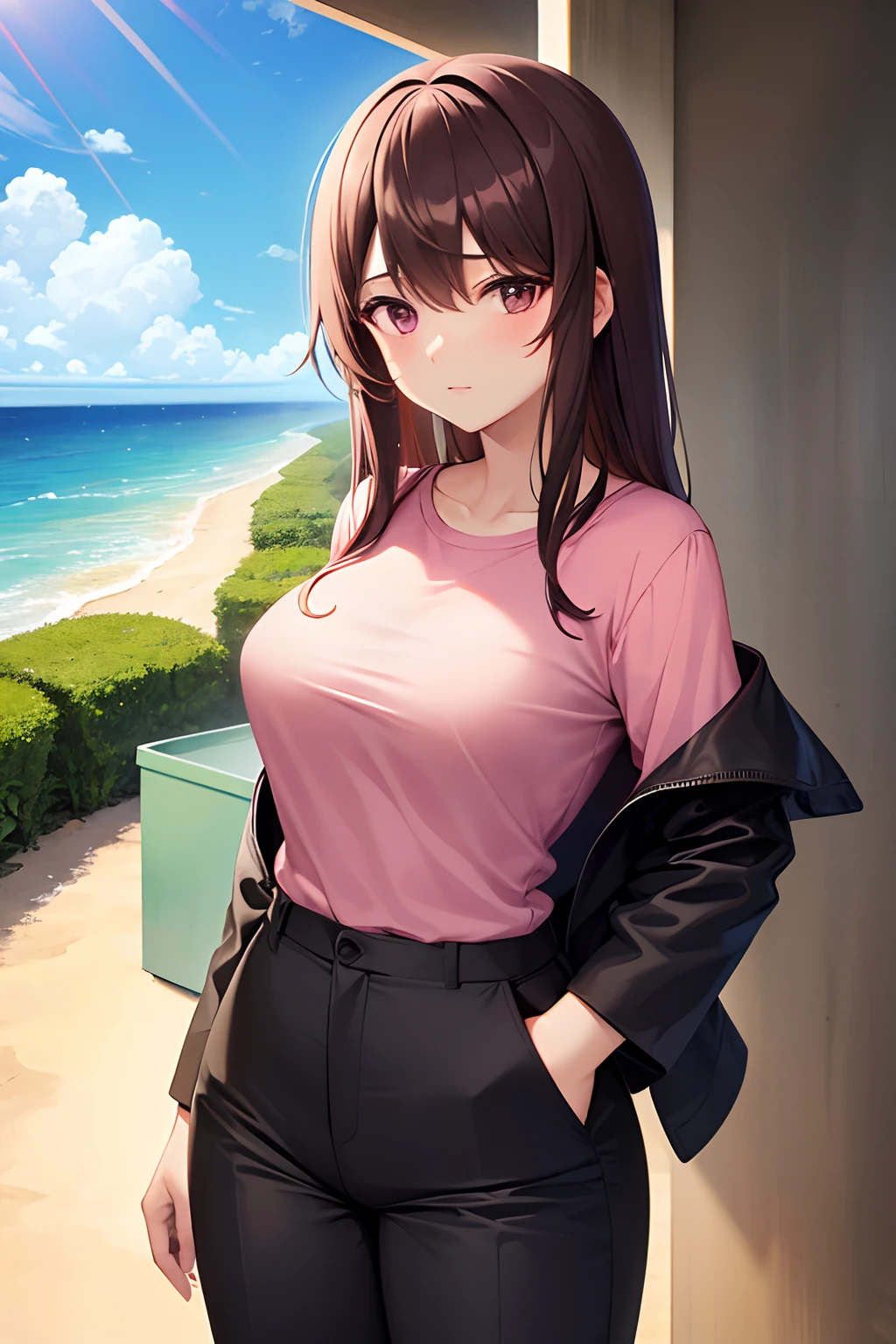1girl, suit, beach, office lady, black pants, pink t shirt, brown hair, long hair, ager, pant suit,