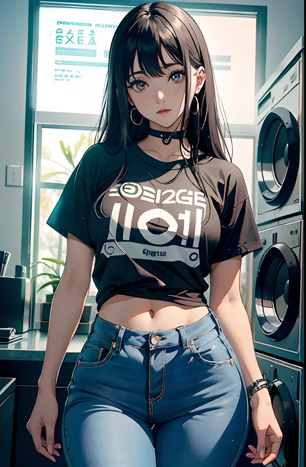nsfw, top-quality, intricate detailes, chromatic abberation, 1girl in, dynamic pose, cinematic angle, length hair, Blue Highlights, heterochromia iridis, Gentle smile, Oversized T-shirt, Super Super Mini Skirt, Pull up your skirt to show your panties, Cowboy Shots, wind lift, (oversize tshirt: 1.2 inch), against a wall, Concrete walls, doodle, Dim lighting, alleyway