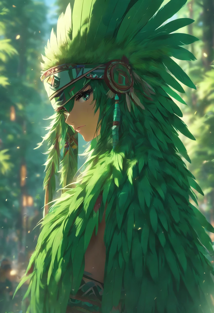 ((( green feathers))) best quality, very high resolution, detailed CG in 4K, masterpiece, indigenous woman, green feathers, amazon brazil, rivers, indigenous, indigenous tribes, indigenous city, forest, aesthetics, beautiful image, centered on screen, full body