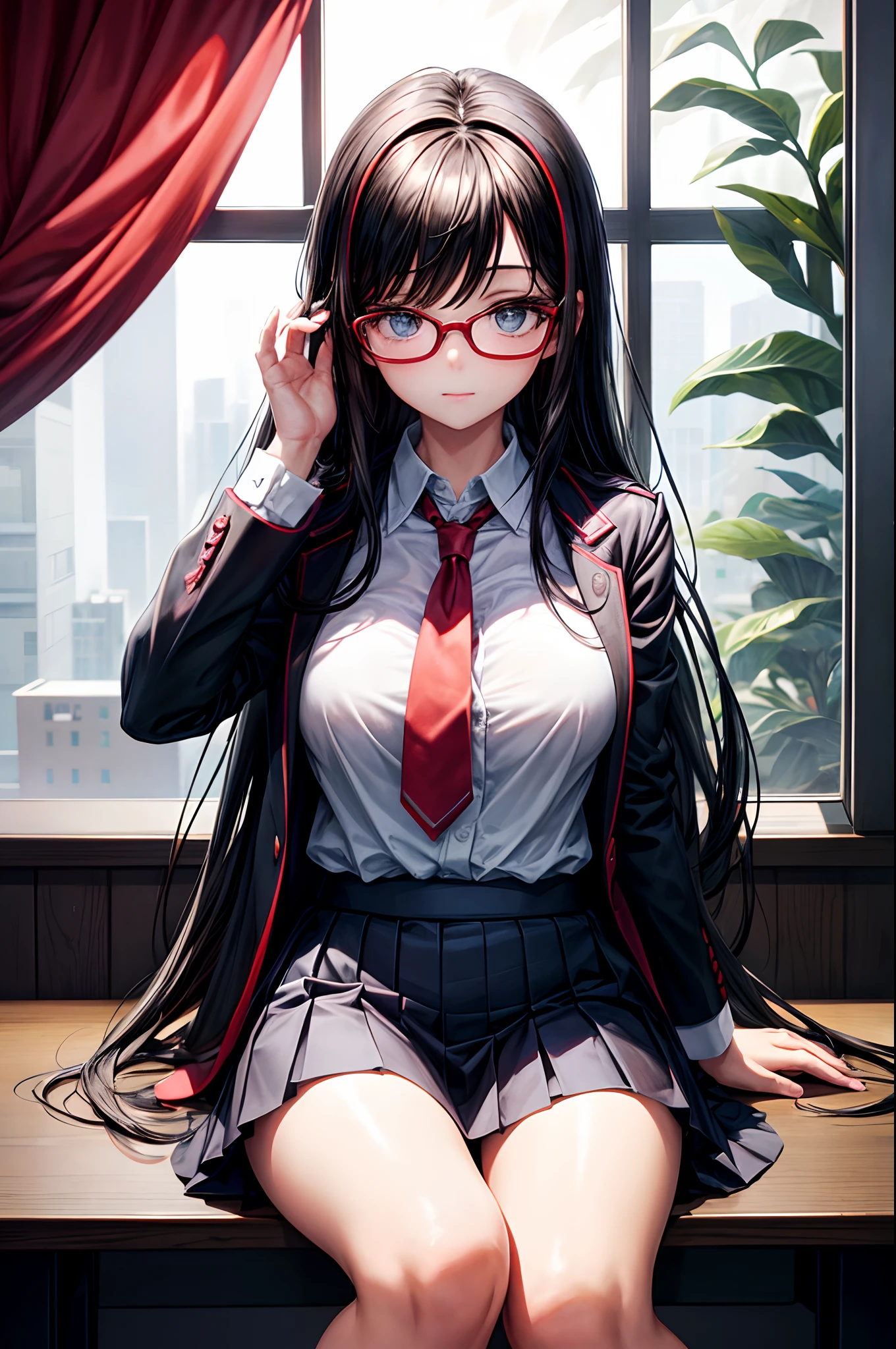 masterpiece, best_quality, 1girl, solo, black hair, sexy school uniform, red eyewear on head, sitting by the window
