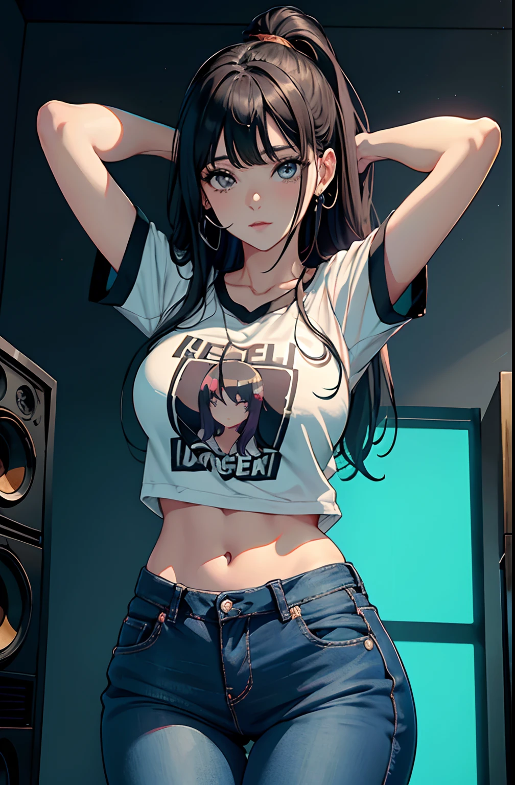 (Hinata Hyuga, muito sensual, com roupas apertadas, bunda grande, pernas grossas, Wearing extremely tight jeans, usando uma mini blusa, umbigo com pirsing, cabelo grande, Speaker behind, muito realista, extremamente sexy, 8k, 8k extremamente detalhado), (um extremamente delicado e bonito), (obra-prima), (melhor qualidade: 1.0), (ultra highres:1.0)