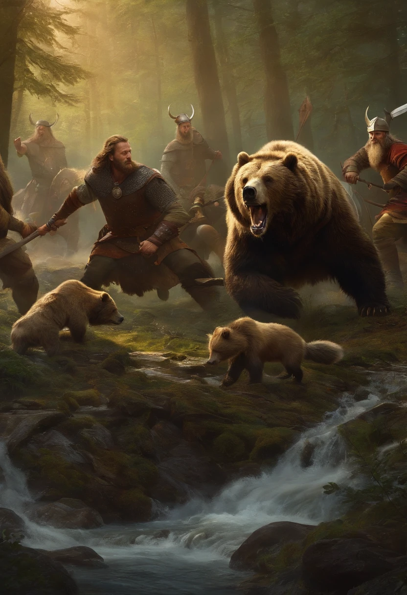 vikings fighting against a bear in a florest