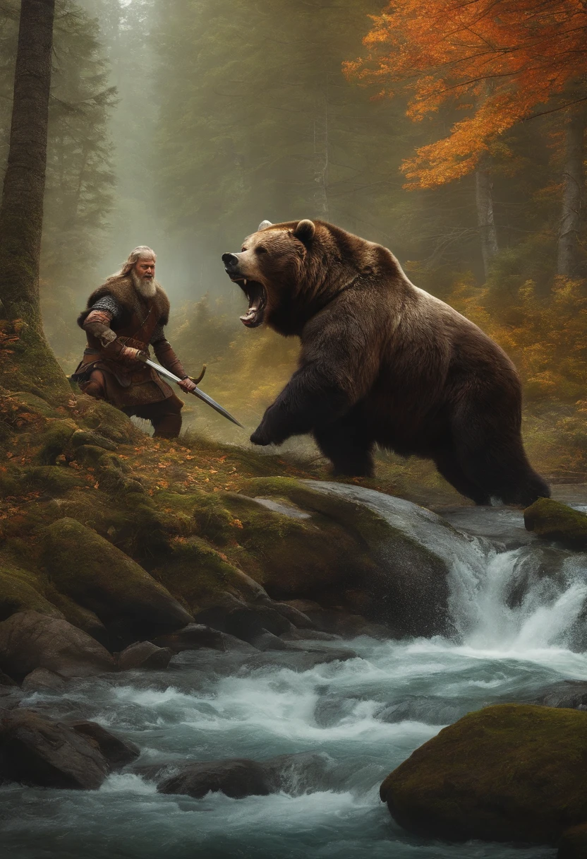 vikings fighting against a bear in a florest