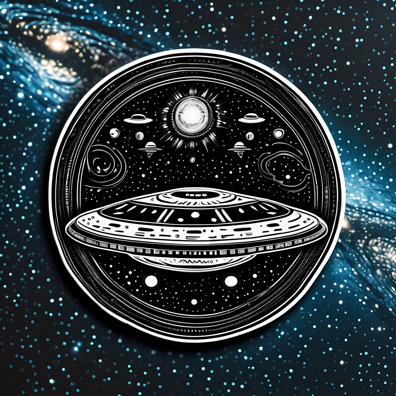 A sticker showing the UFO, (Stunning black metal plates decorated with beautifully detailed starry sky background:1.3), (Features UFOs full of sci-fi overtones:1.3), on top. Rendered in a popular realist style, (Intricate and crazy details:1.3), Ultra photo realsisim, Amazing sticker illustration with intricate details,