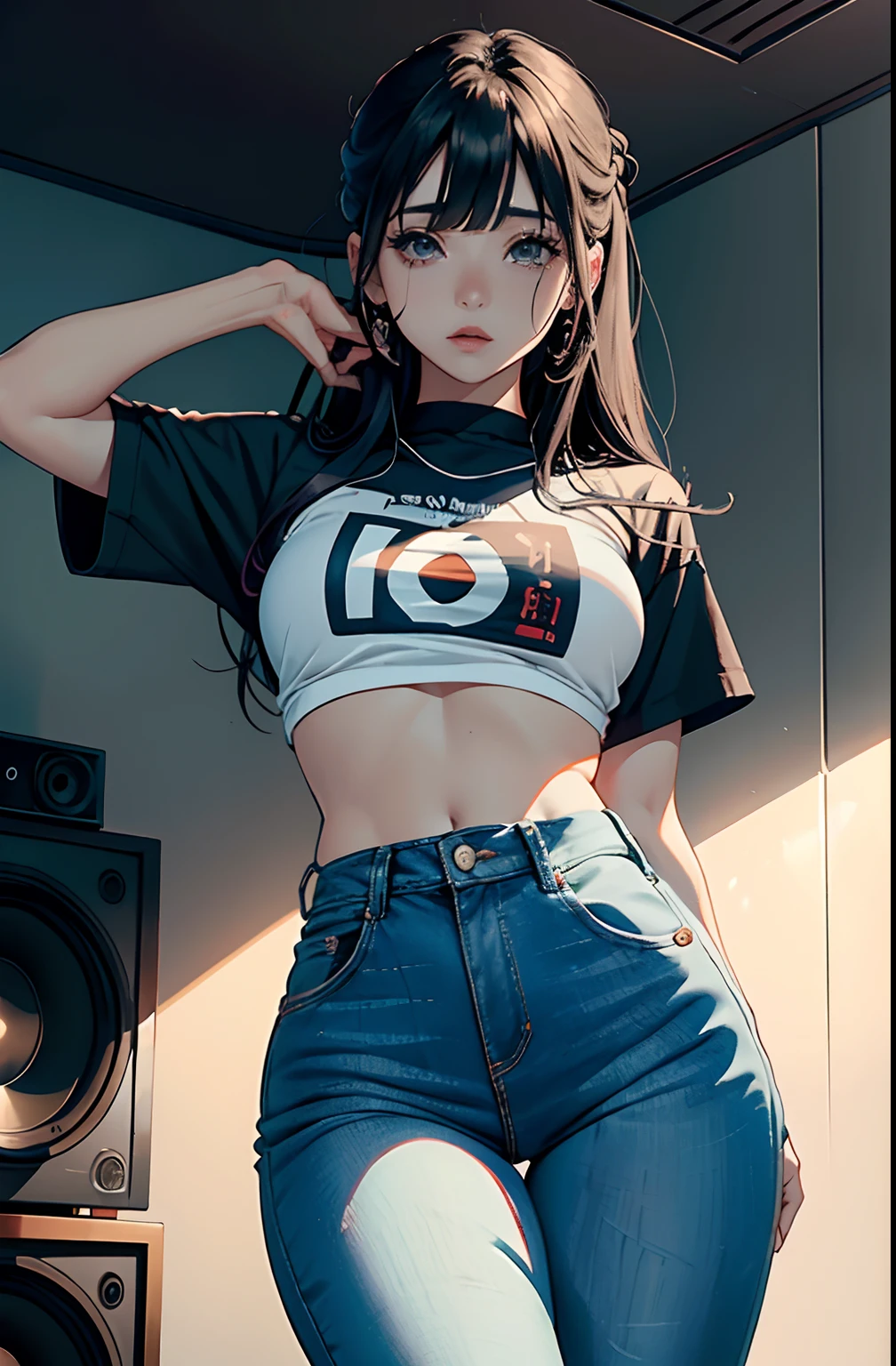 (Hinata Hyuga, muito sensual, com roupas apertadas, bunda grande, pernas grossas, Wearing extremely tight jeans, usando uma mini blusa, umbigo com pirsing, cabelo grande, Speaker behind, muito realista, extremamente sexy, 8k, 8k extremamente detalhado), (um extremamente delicado e bonito), (obra-prima), (melhor qualidade: 1.0), (ultra highres:1.0)
