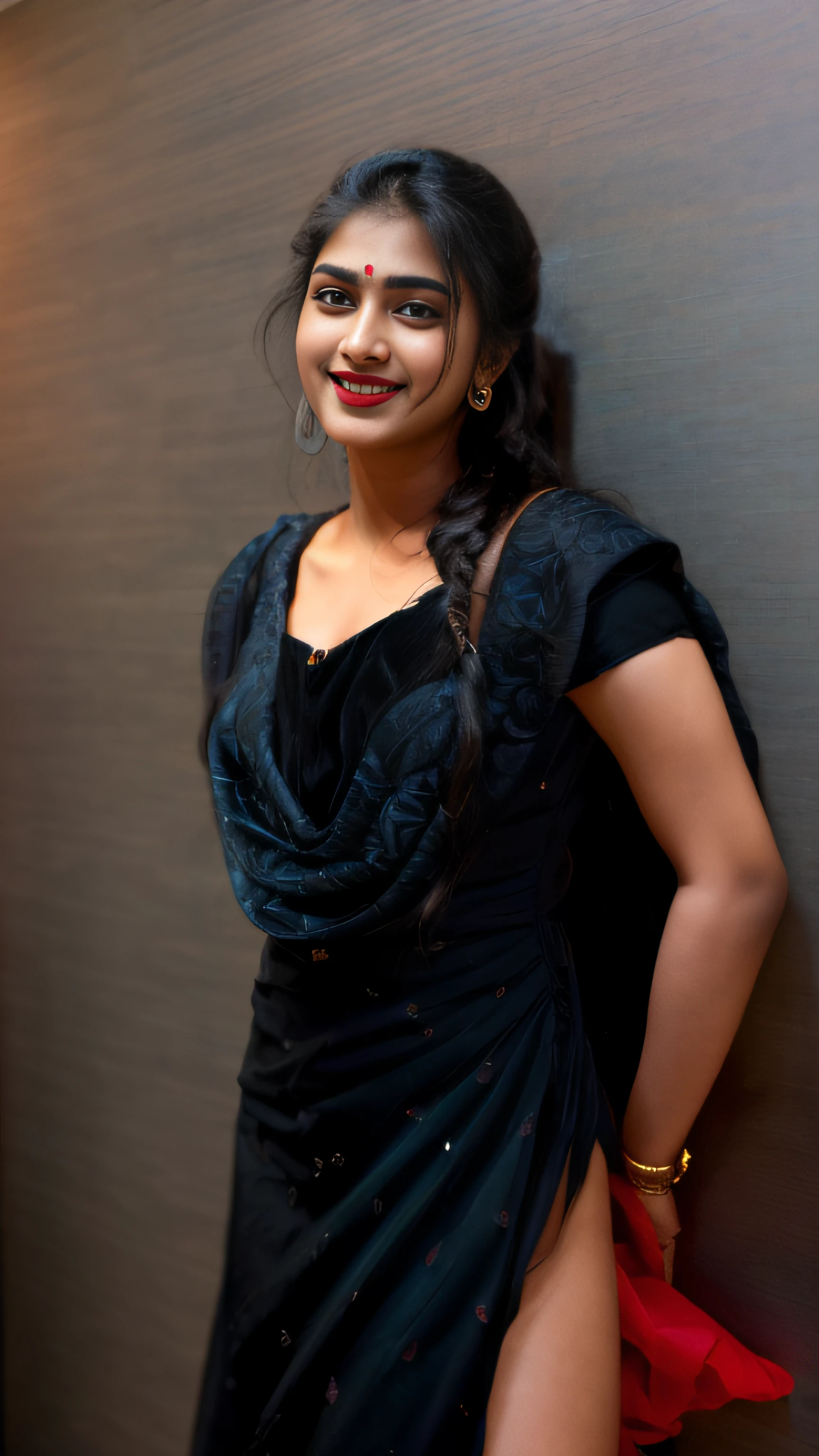 (A hyper-realistic), (illustratio), (hight resolution), (8K), (ighly detailed), (The best illustrations), (Beautiful detailed eyes), (top-quality), (ultra-detailliert), (masterpiece), (wall-paper), (indian female model), (beautiful smiling face)、(beautiful countenance)、(A dark-haired)、black long haired、Black eyes、Earrings with bangs、(((Cute indian Beautiful Girl)))、 ((20 year old indian beautiful girl wearing a cute black dress and dark red natural big lips ))、 (((Glamorous body)))、gravure model、Seduction poses、(R-18),