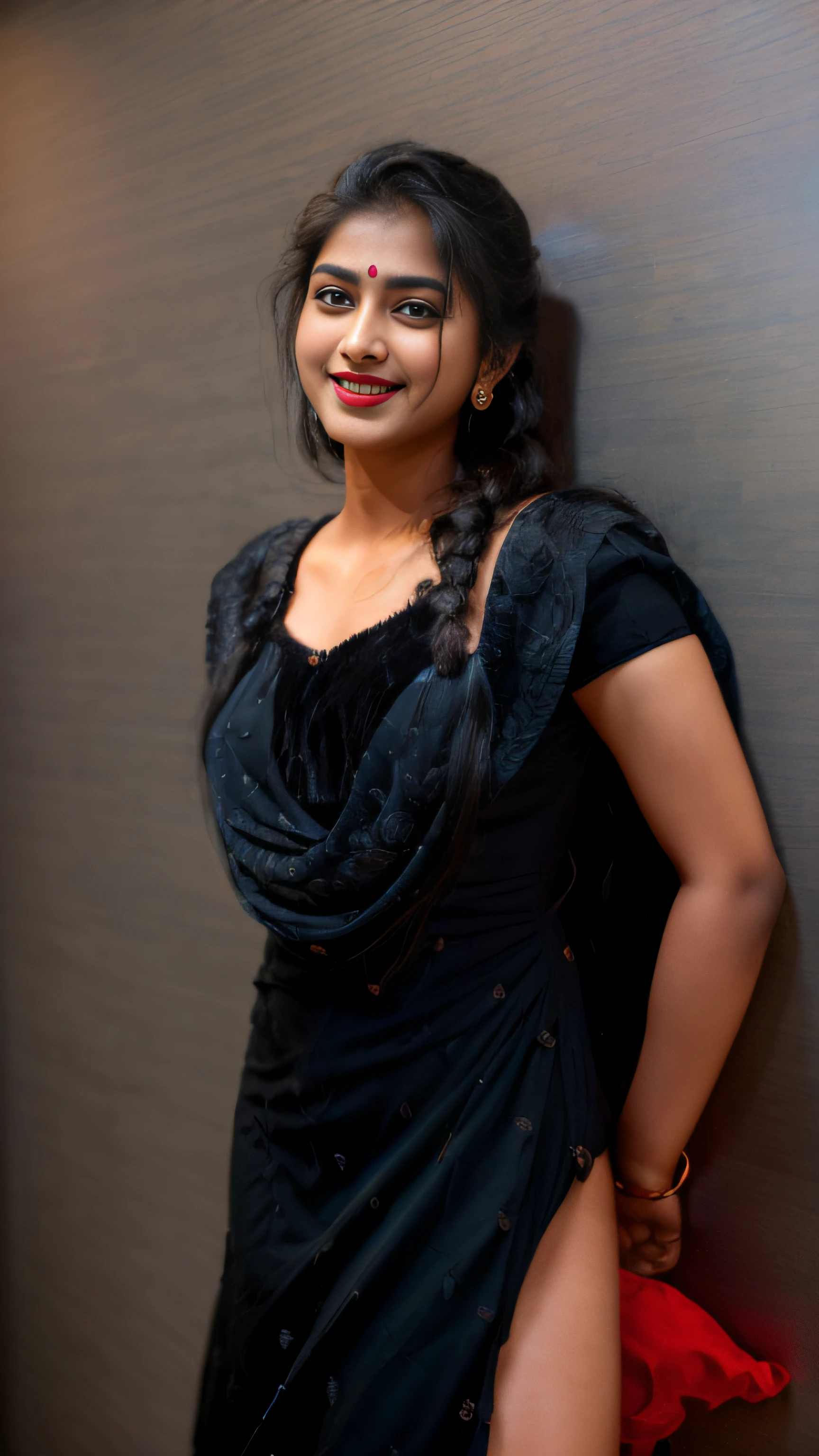 (A hyper-realistic), (illustratio), (hight resolution), (8K), (ighly detailed), (The best illustrations), (Beautiful detailed eyes), (top-quality), (ultra-detailliert), (masterpiece), (wall-paper), (indian female model), (beautiful smiling face)、(beautiful countenance)、(A dark-haired)、black long haired、Black eyes、Earrings with bangs、(((Cute indian Beautiful Girl)))、 ((20 year old indian beautiful girl wearing a cute black dress and dark red natural big lips ))、 (((Glamorous body)))、gravure model、Seduction poses、(R-18),