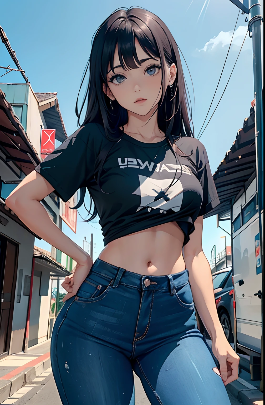 (Hinata Hyuga, muito sensual, com roupas apertadas, bunda grande, pernas grossas, Wearing extremely tight jeans, usando uma mini blusa, umbigo com pirsing, cabelo grande, Speaker behind, muito realista, extremamente sexy, 8k, 8k extremamente detalhado), (um extremamente delicado e bonito), (obra-prima), (melhor qualidade: 1.0), (ultra highres:1.0)