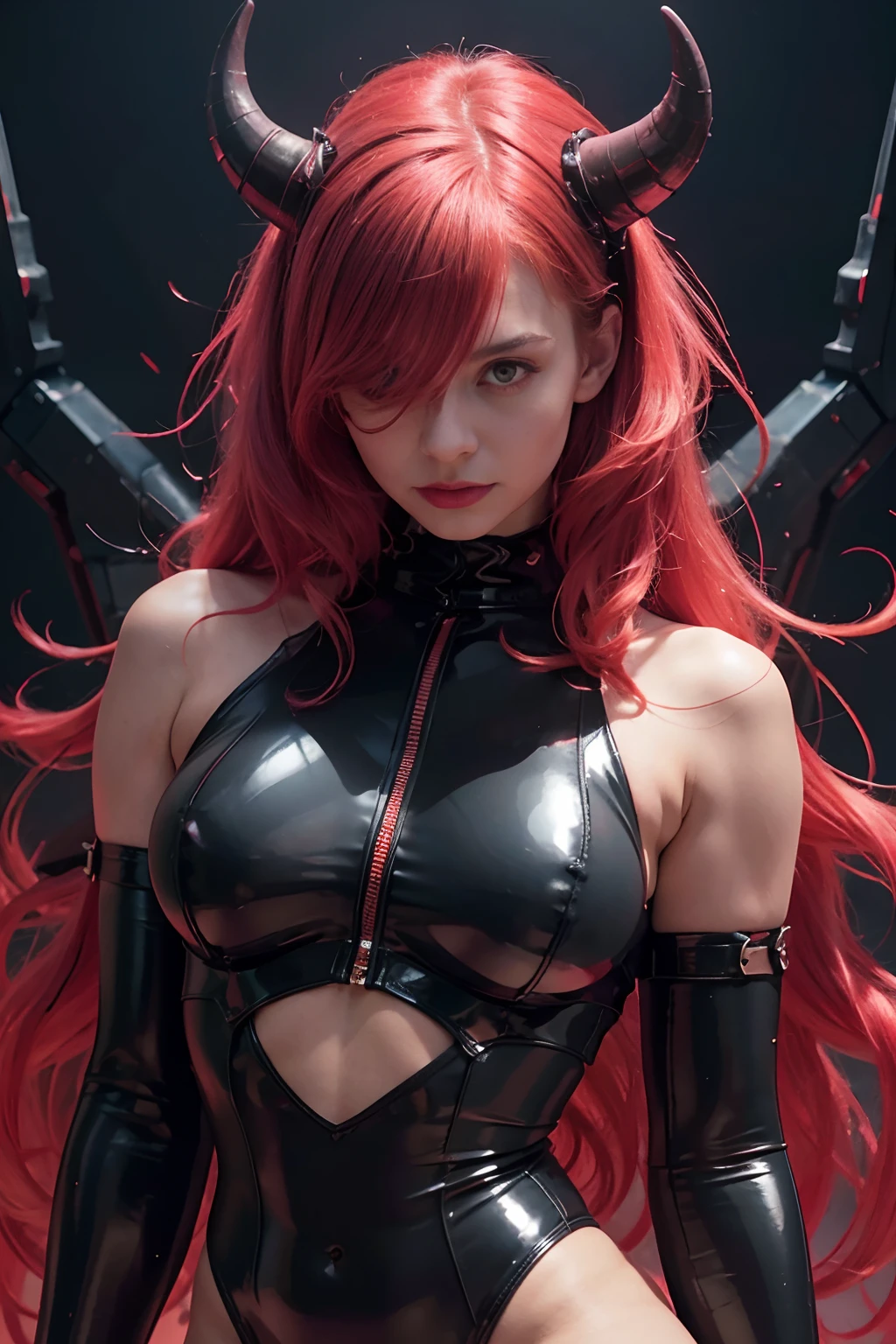 demon woman with horns dressed in latex leotard posing for a photo, sensual pose, upper body, red neon lights, darsynth vibes, goth aesthetics, high waisted thong leotard, leotard lingerie, latex lingerie, fetish lingerie, dark and intricate, gothic and futuristic, perfect body, red lights, gothic - cyberpunk, ultra detailed, hyper realistic, masterpiece.